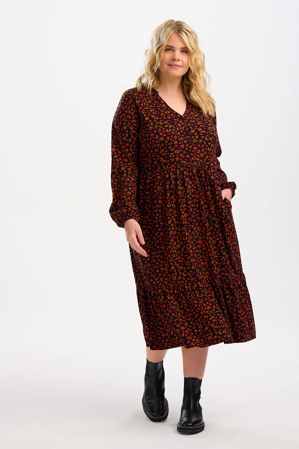 Marion Jersey Midi Smock Dress - Black, Star & Lightning Animal