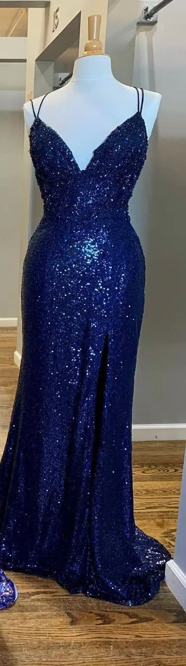 Mermaid Purple Sequins Long Prom Dress with Slit,Navy Blue Evening Party Gowns