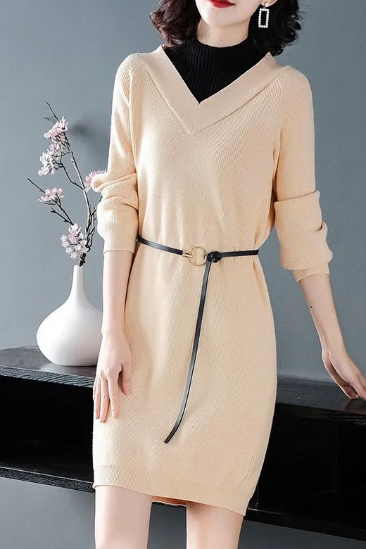 Nude Sweater Dress W/ Black Neck