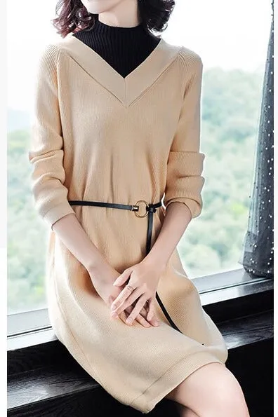 Nude Sweater Dress W/ Black Neck