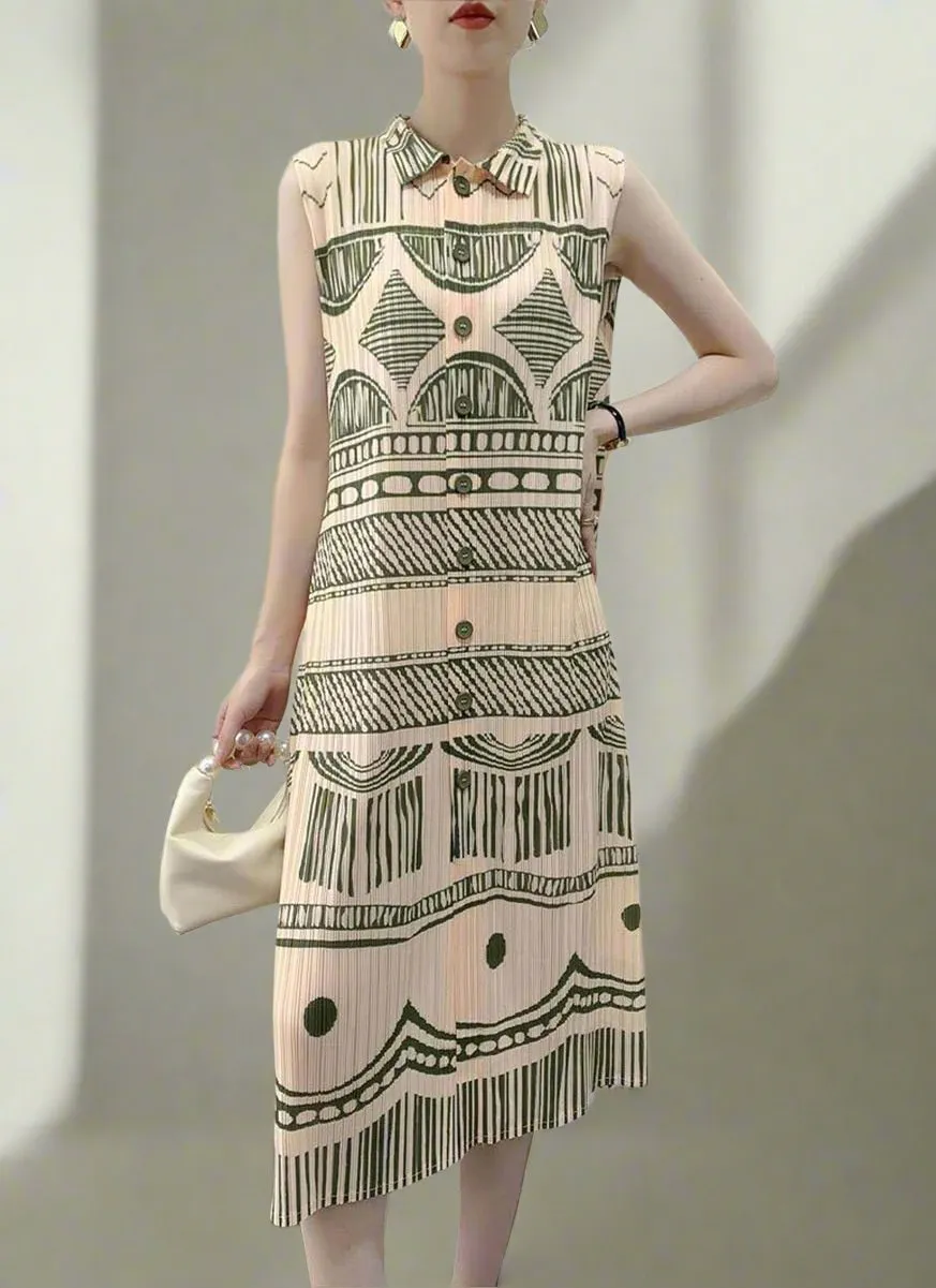 O240001 Printed Pleats Shirt Dress *Beige