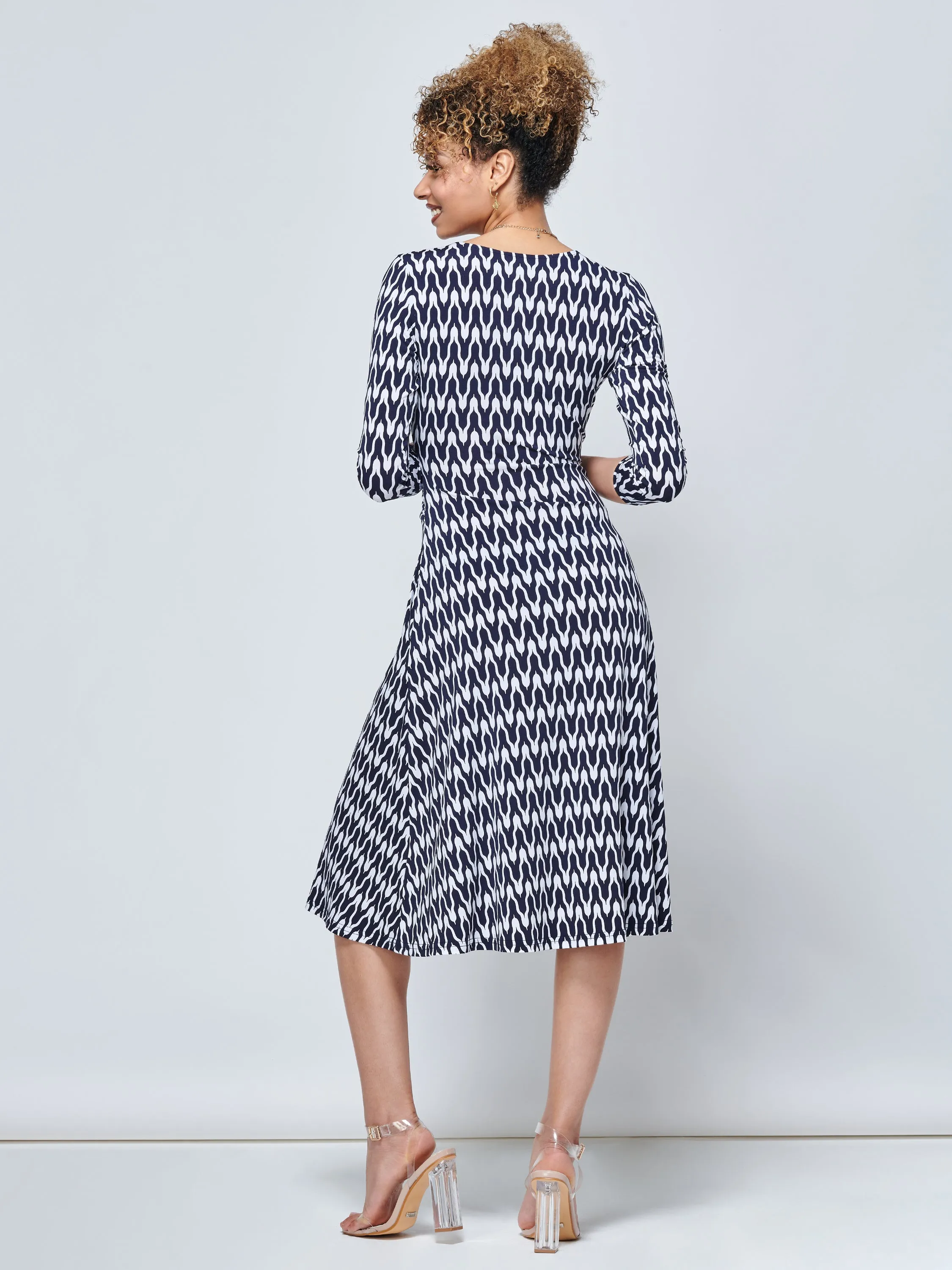 Odilia Fit & Flare Jersey Dress, Navy Geo