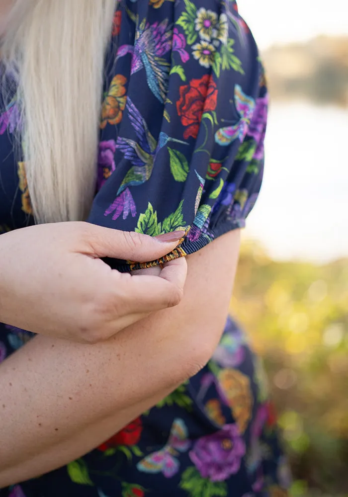 Paradise Embroidered Birds Print Midi Dress