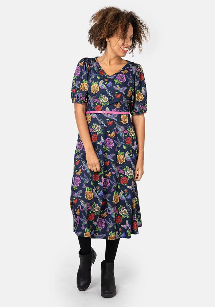 Paradise Embroidered Birds Print Midi Dress