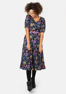 Paradise Embroidered Birds Print Midi Dress