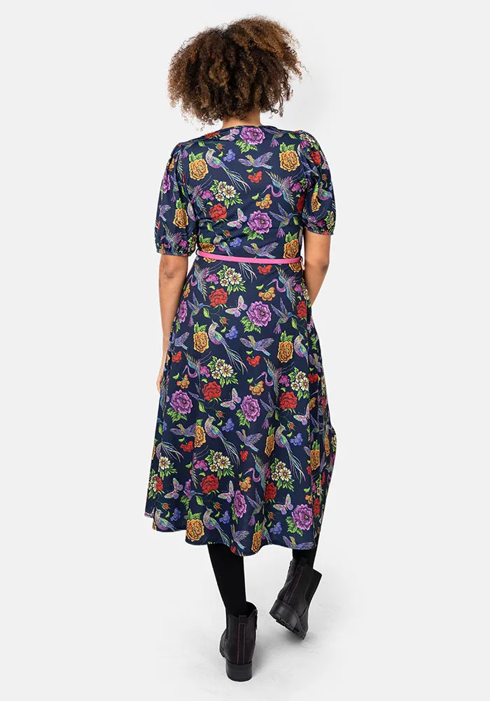 Paradise Embroidered Birds Print Midi Dress