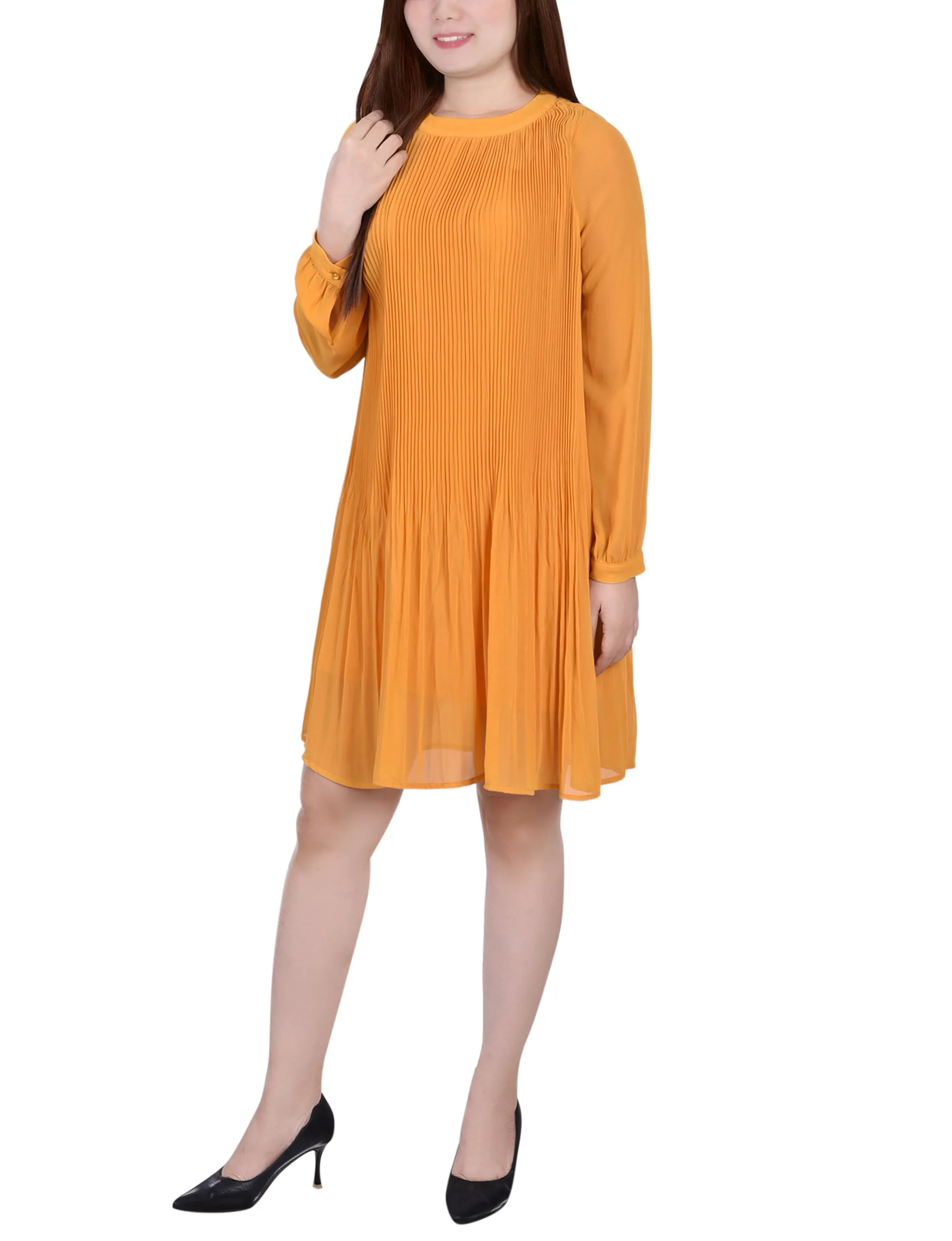 Petite Long Sleeve Pleated Dress