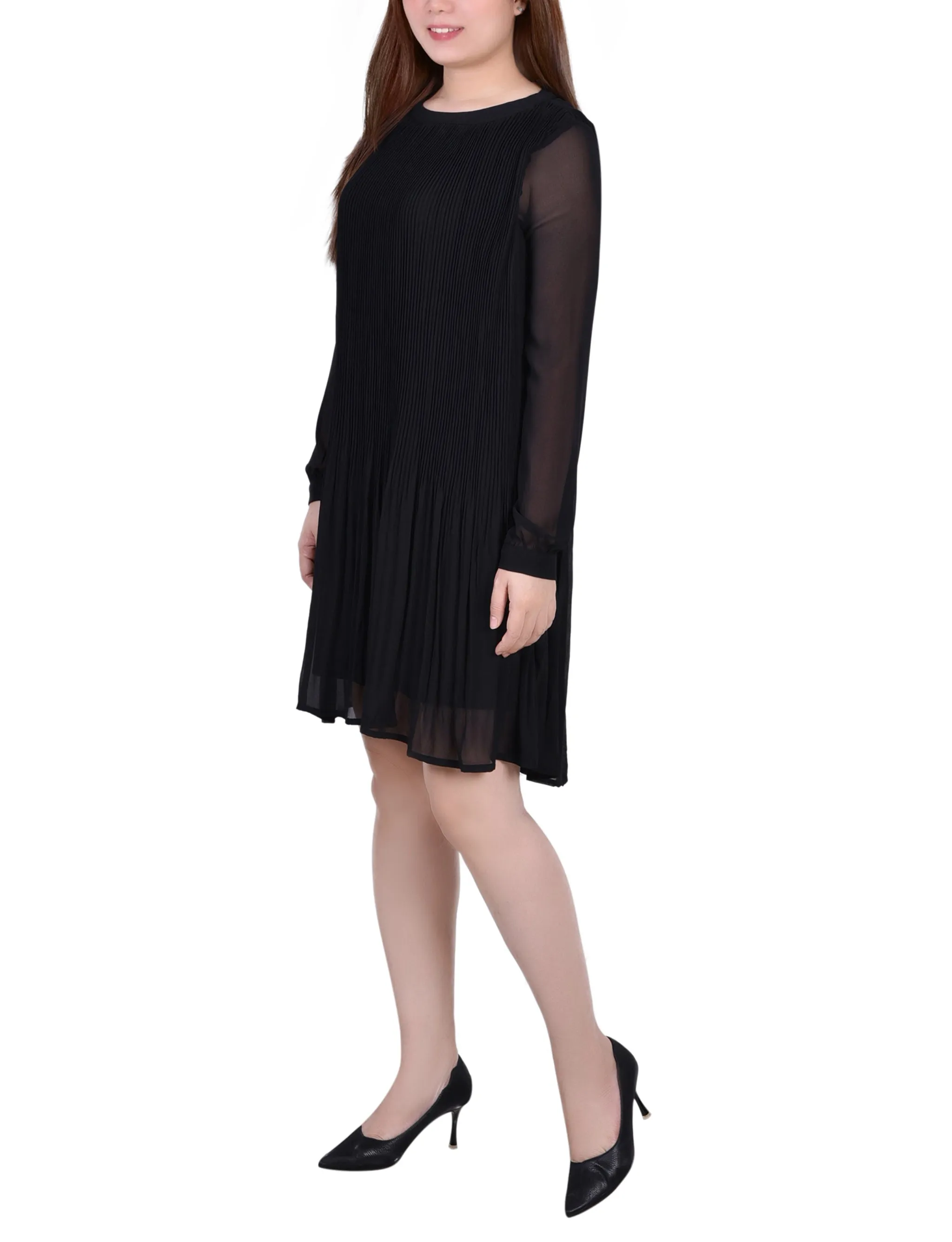 Petite Long Sleeve Pleated Dress