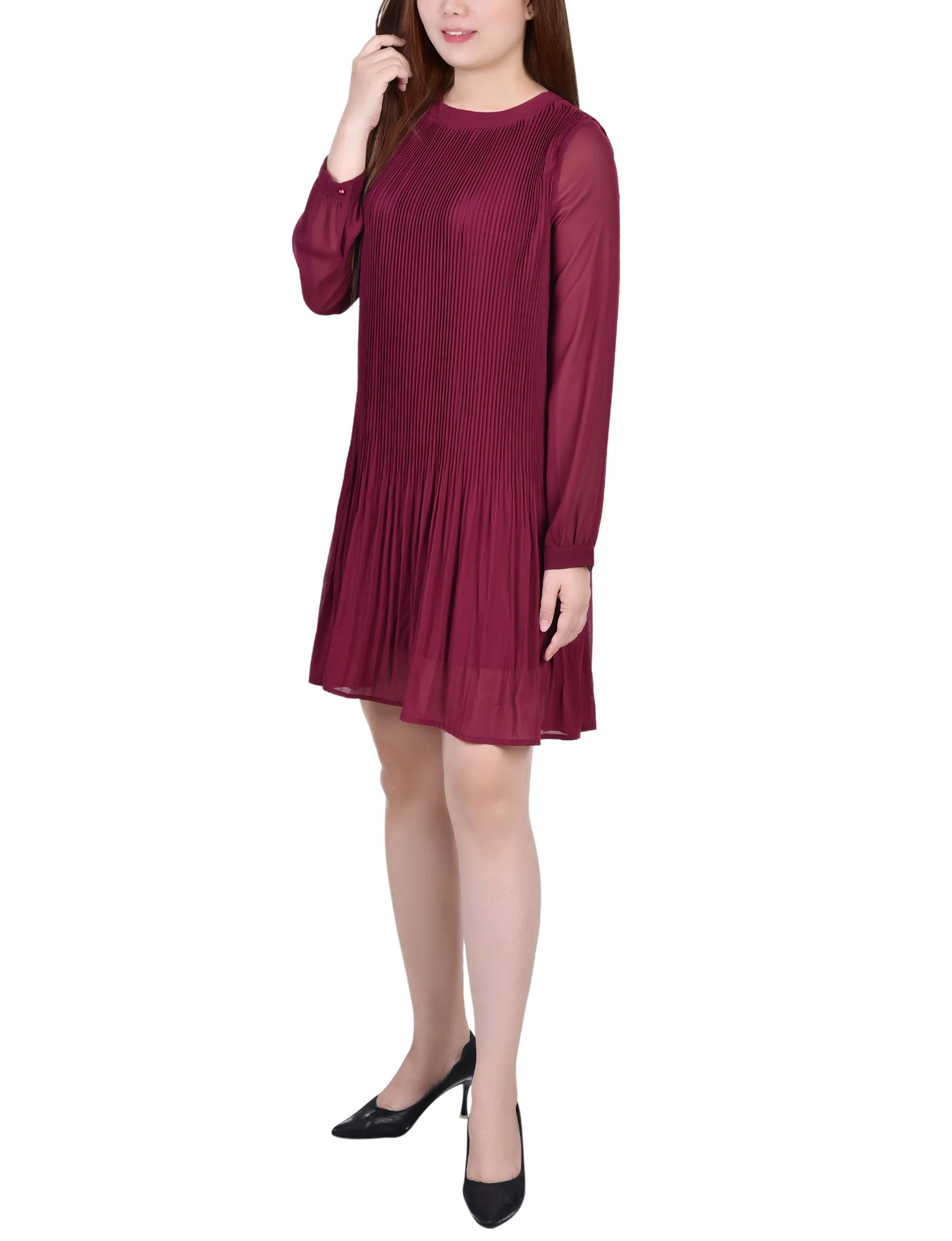 Petite Long Sleeve Pleated Dress