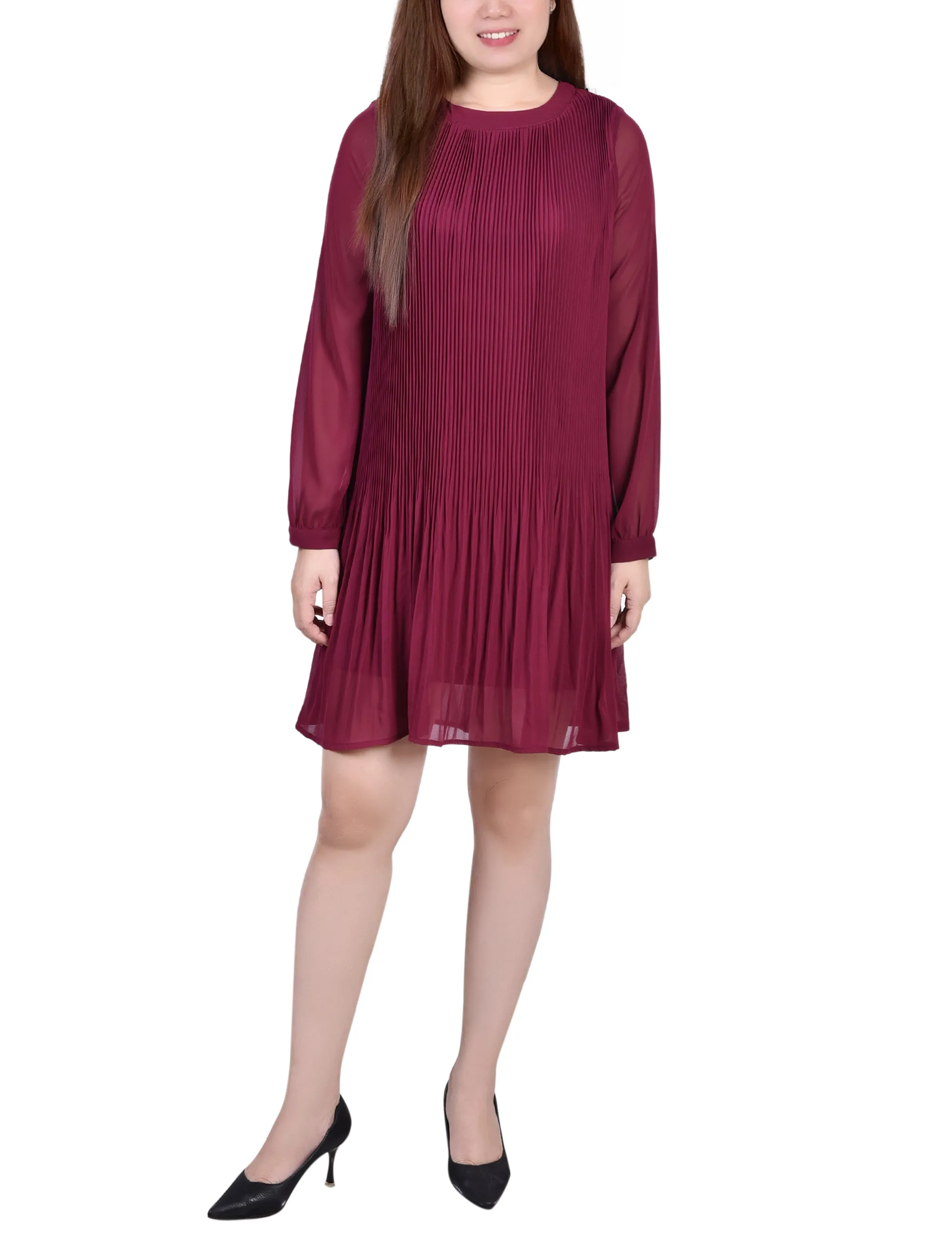 Petite Long Sleeve Pleated Dress