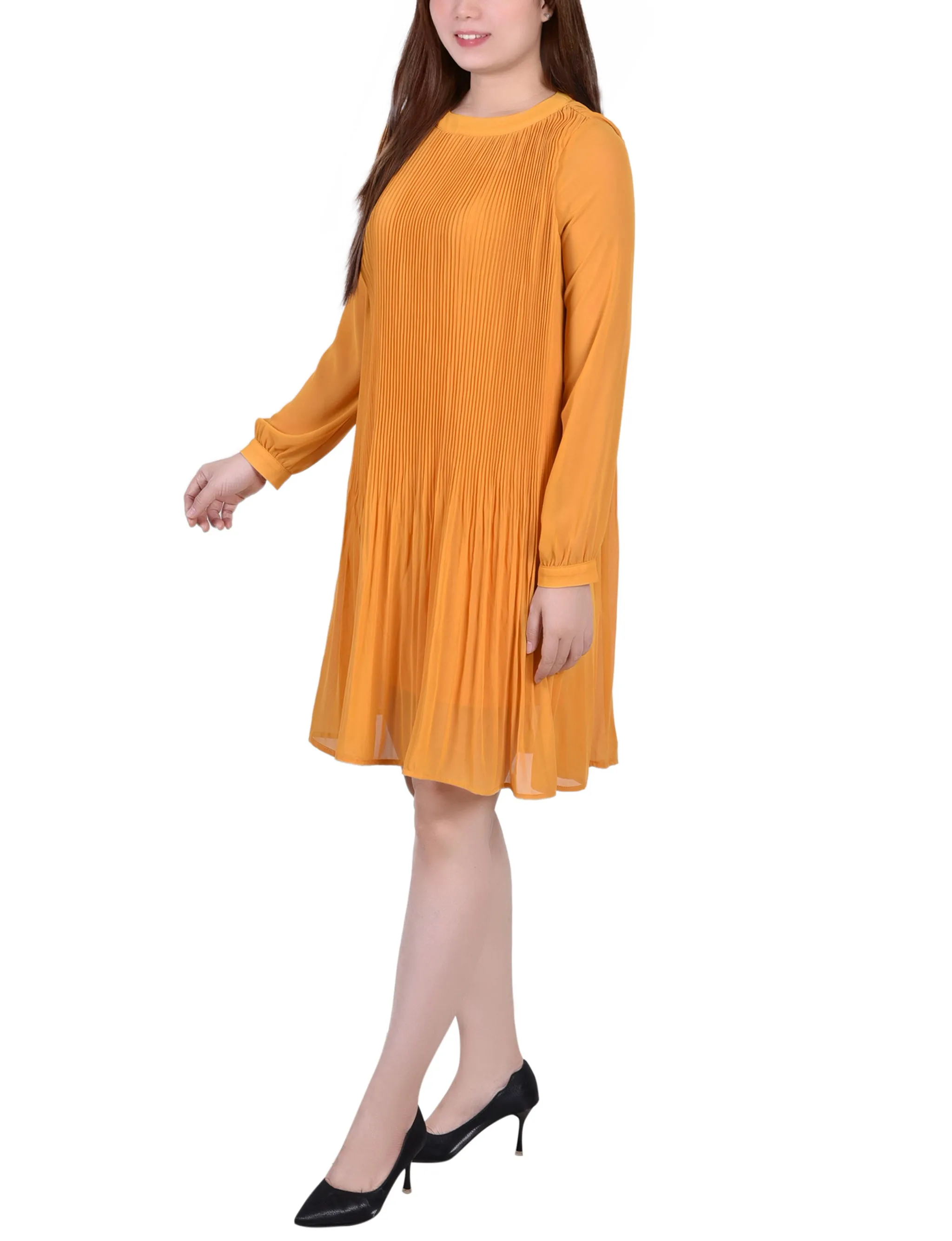 Petite Long Sleeve Pleated Dress