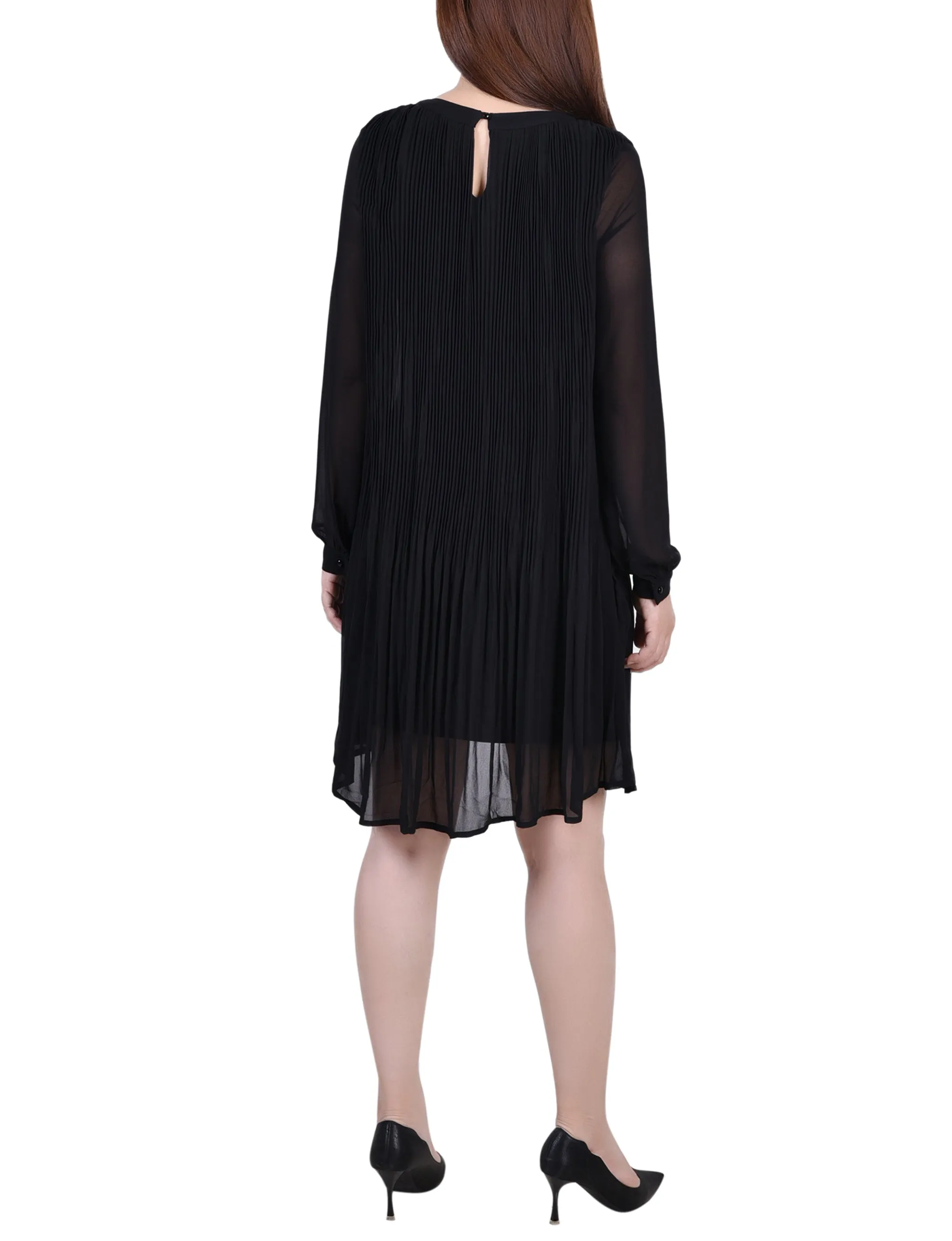 Petite Long Sleeve Pleated Dress