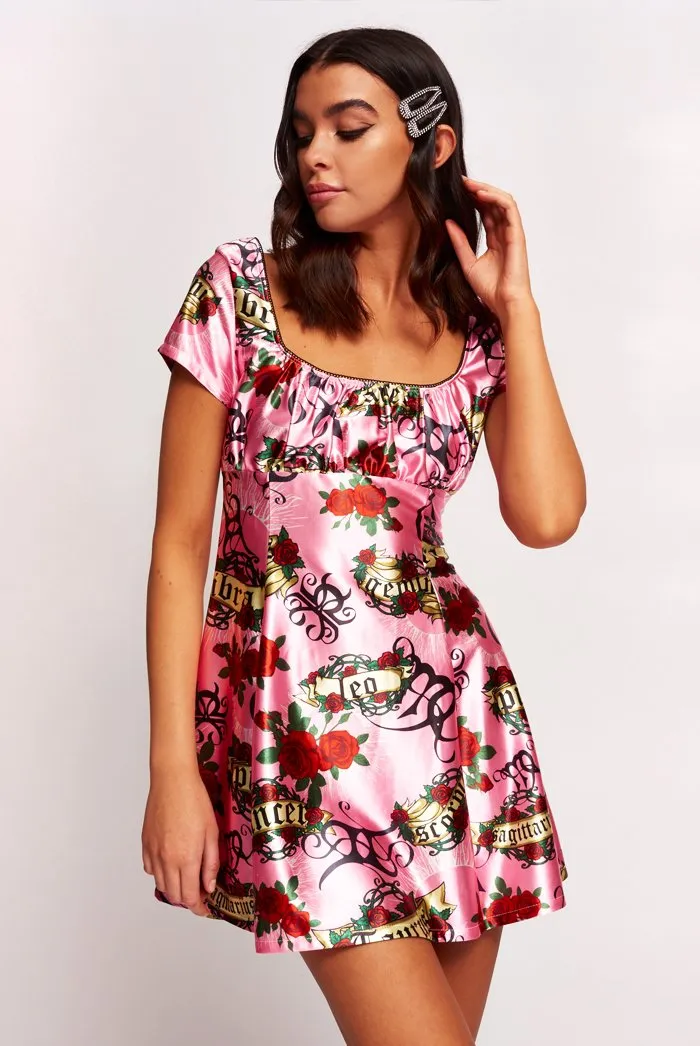 Pink Horoscope Print Gypsy Dress