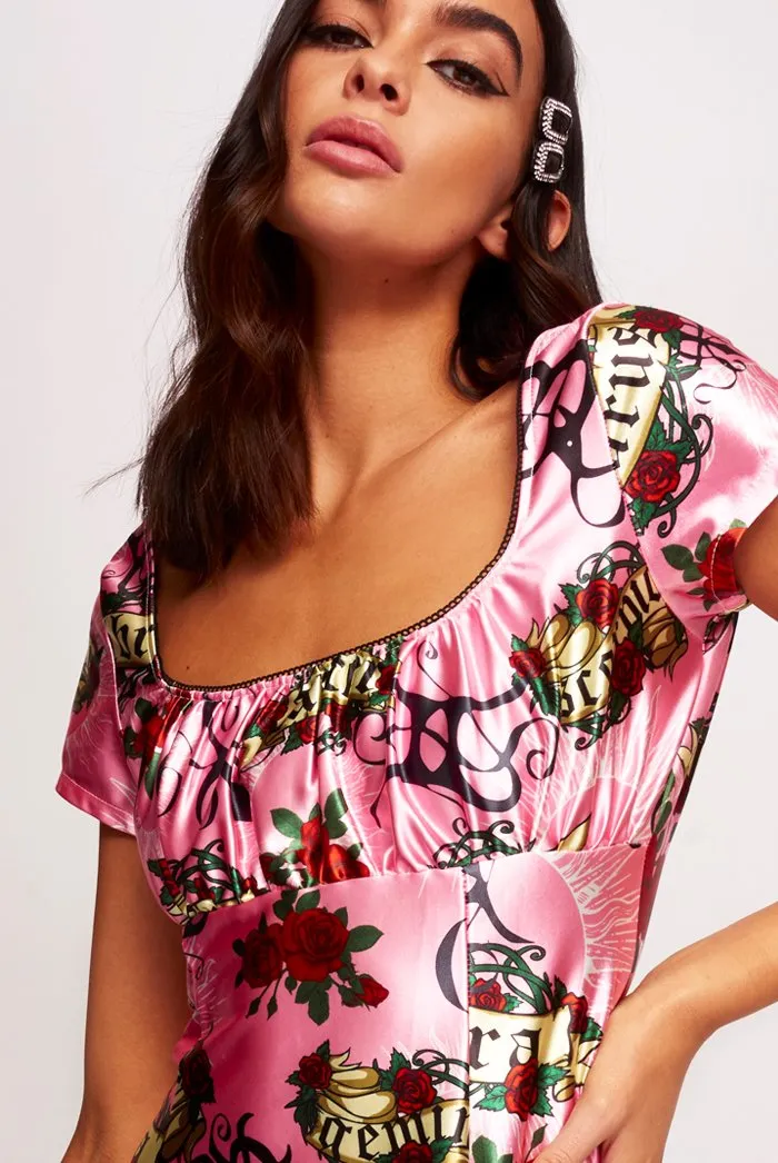 Pink Horoscope Print Gypsy Dress