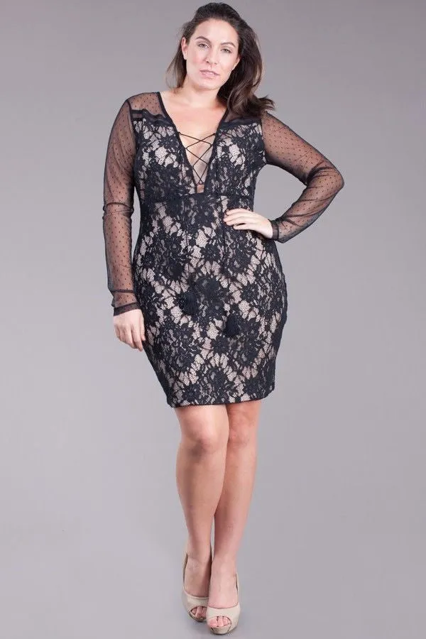 Plus Dress Mesh Lace Cocktail Long Sleeve Strappy Bodycon Sexy Party