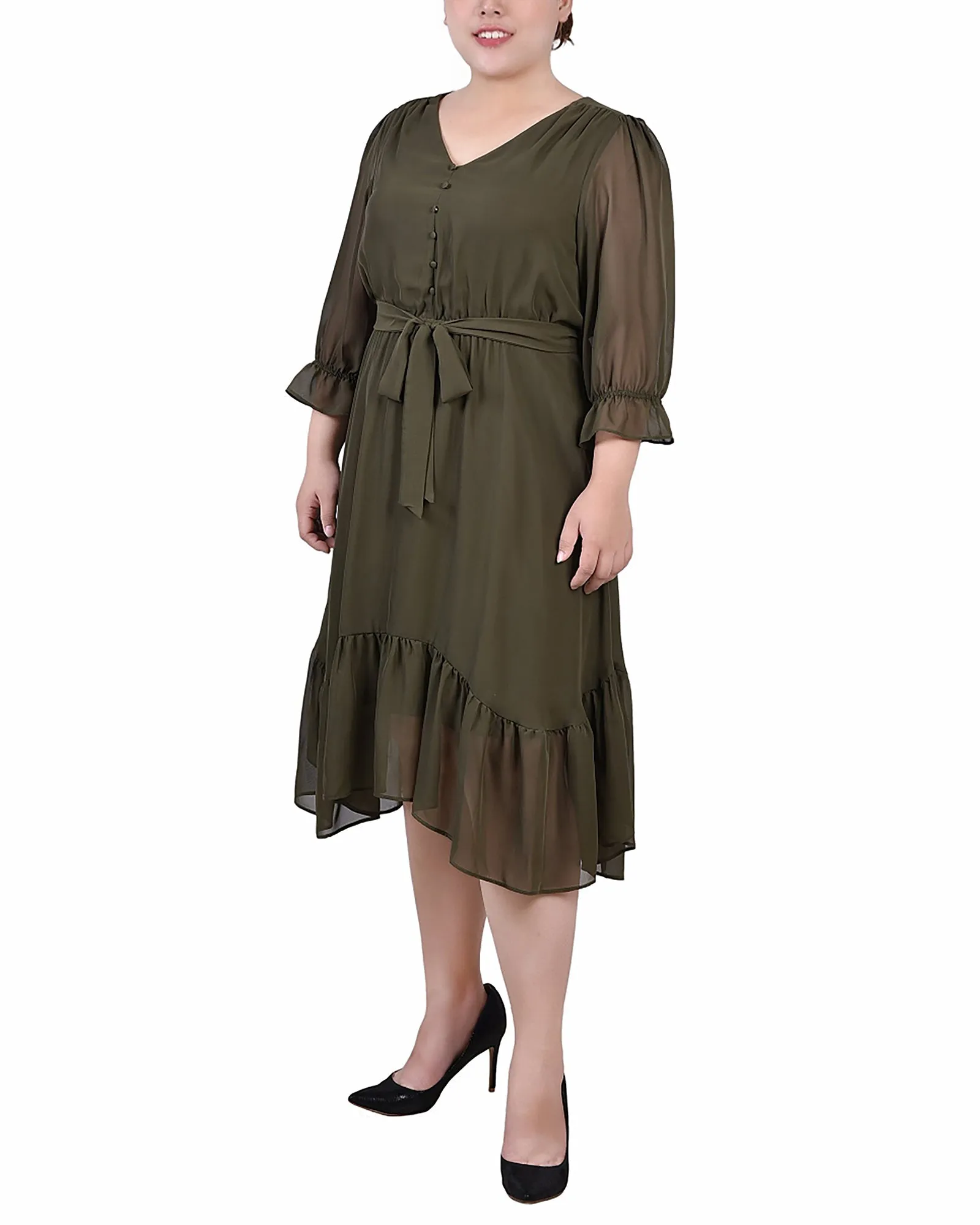 Plus Size 3/4 Sleeve V-Neck Flounced Dress