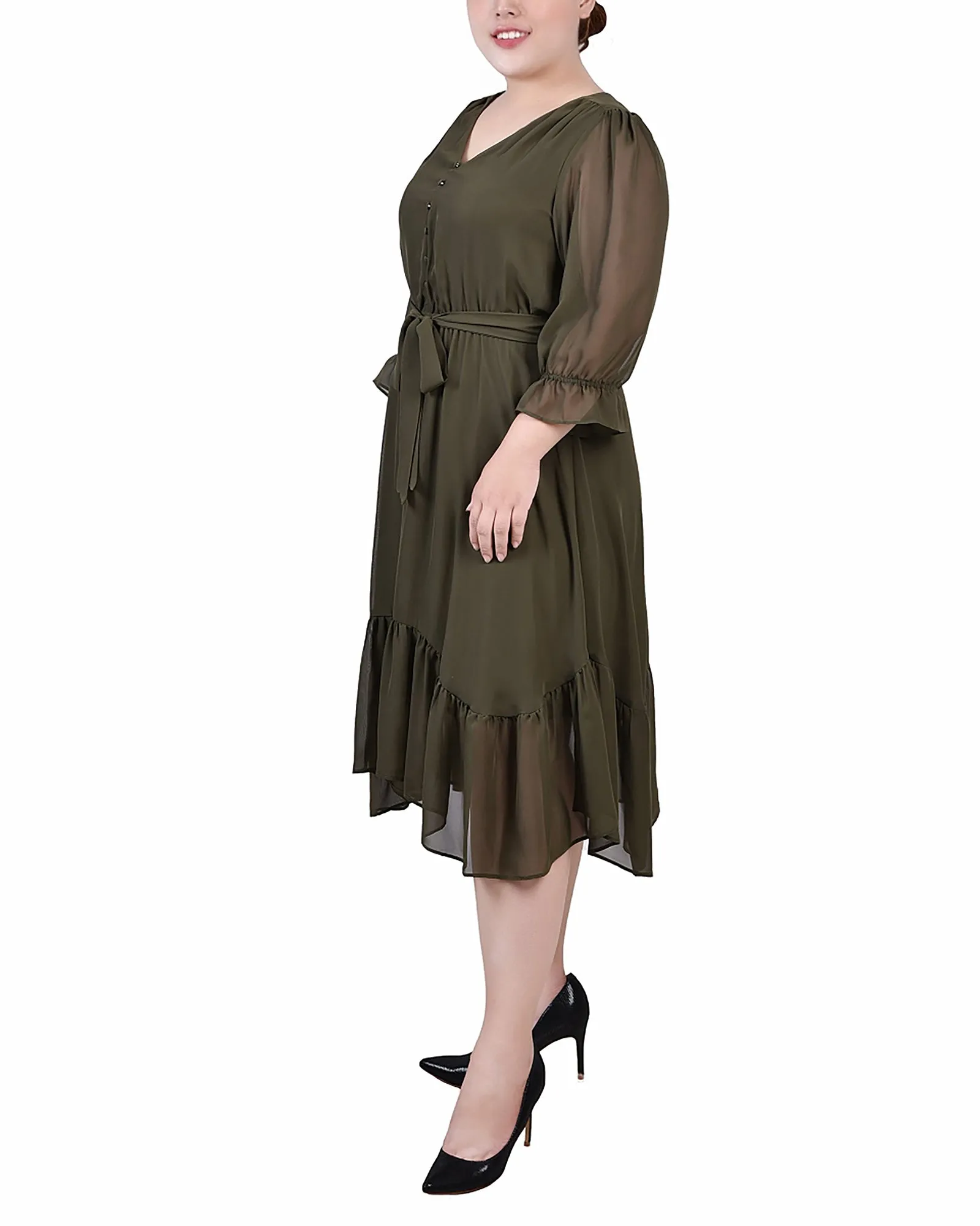 Plus Size 3/4 Sleeve V-Neck Flounced Dress