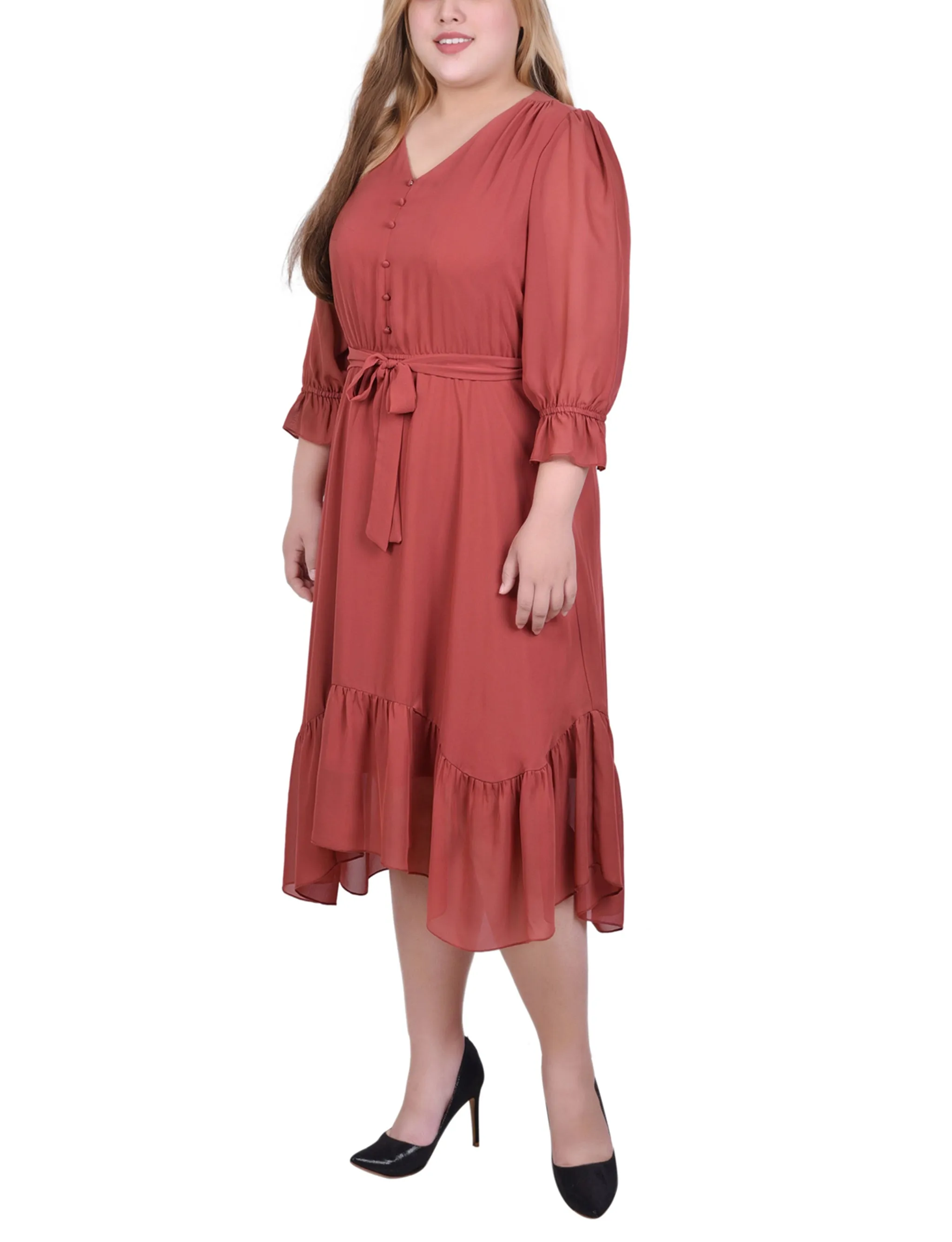 Plus Size 3/4 Sleeve V-Neck Flounced Dress