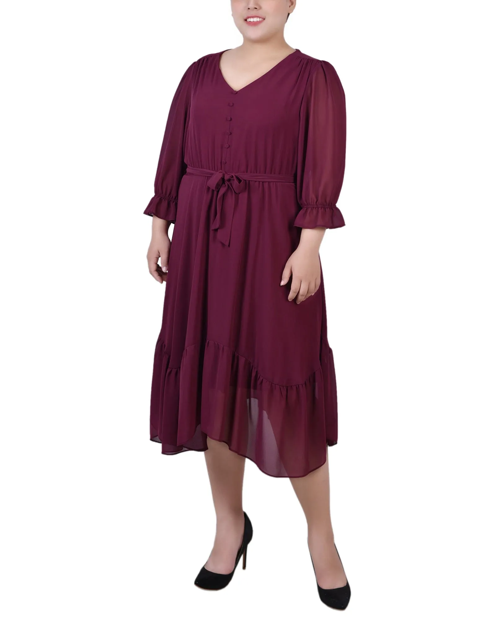 Plus Size 3/4 Sleeve V-Neck Flounced Dress