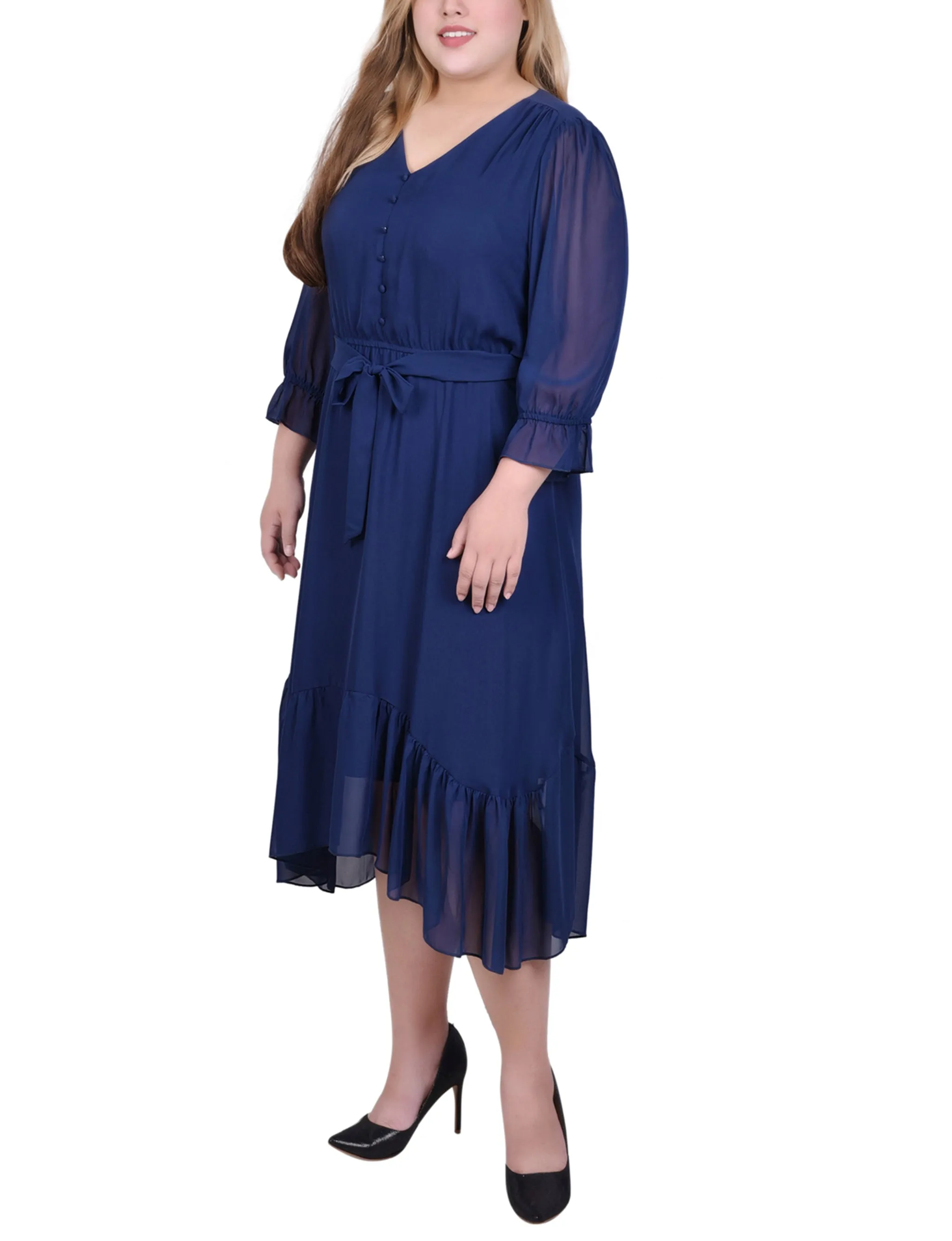 Plus Size 3/4 Sleeve V-Neck Flounced Dress