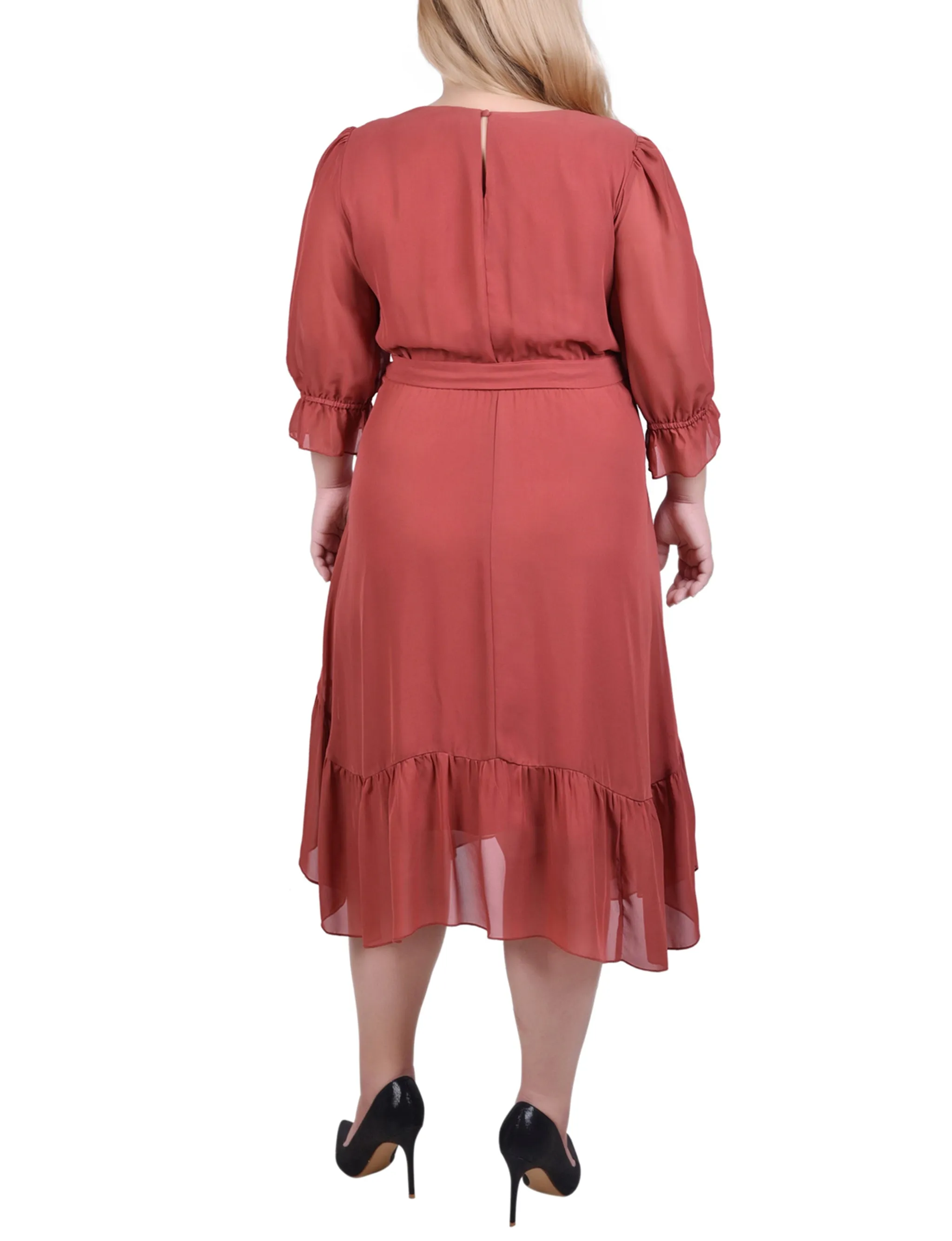 Plus Size 3/4 Sleeve V-Neck Flounced Dress