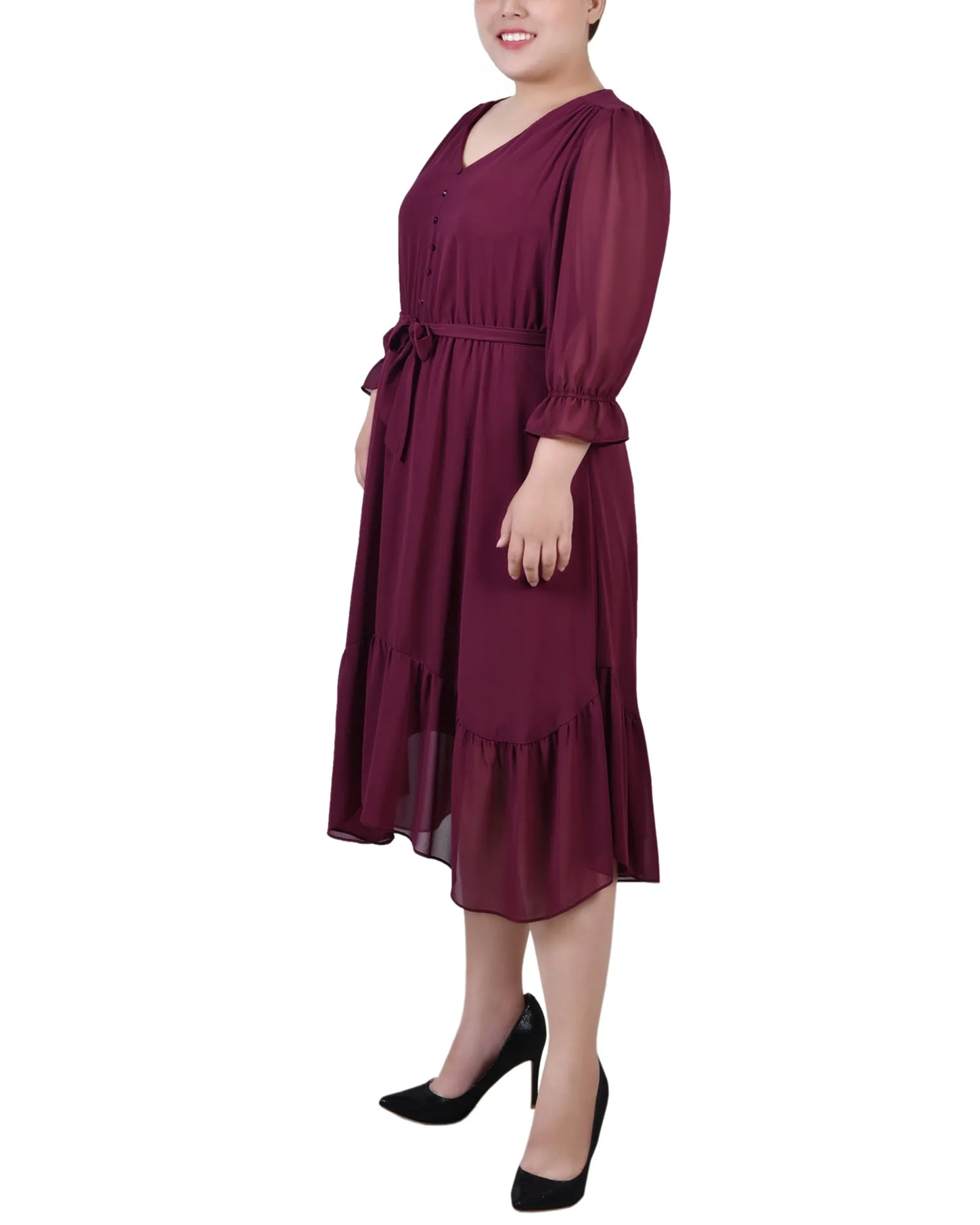 Plus Size 3/4 Sleeve V-Neck Flounced Dress