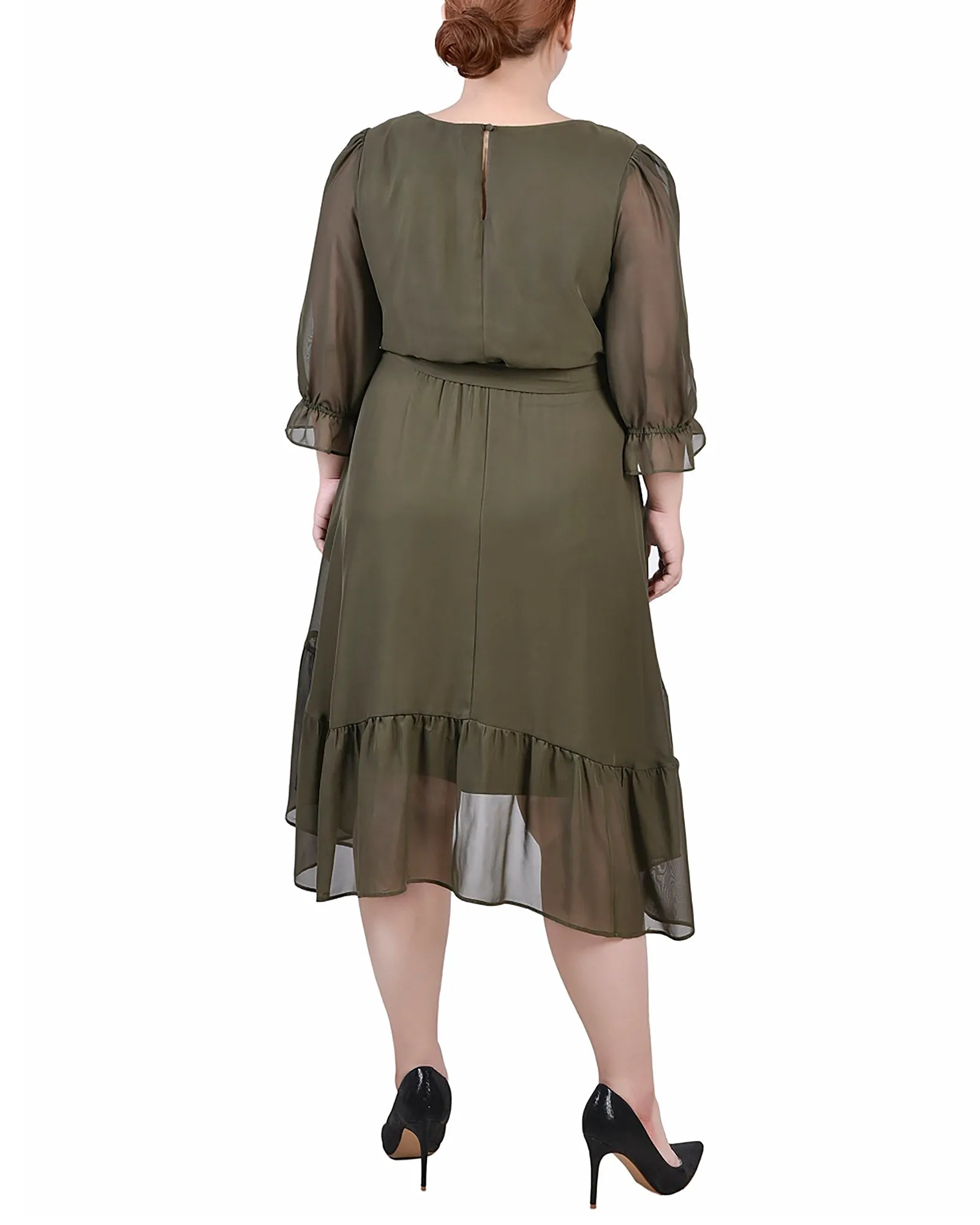 Plus Size 3/4 Sleeve V-Neck Flounced Dress