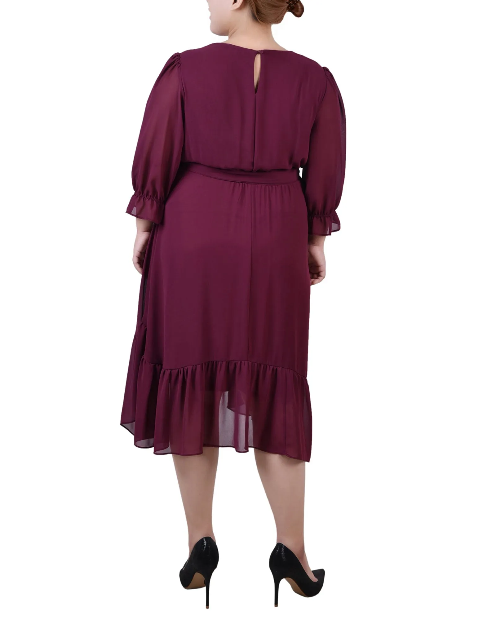 Plus Size 3/4 Sleeve V-Neck Flounced Dress