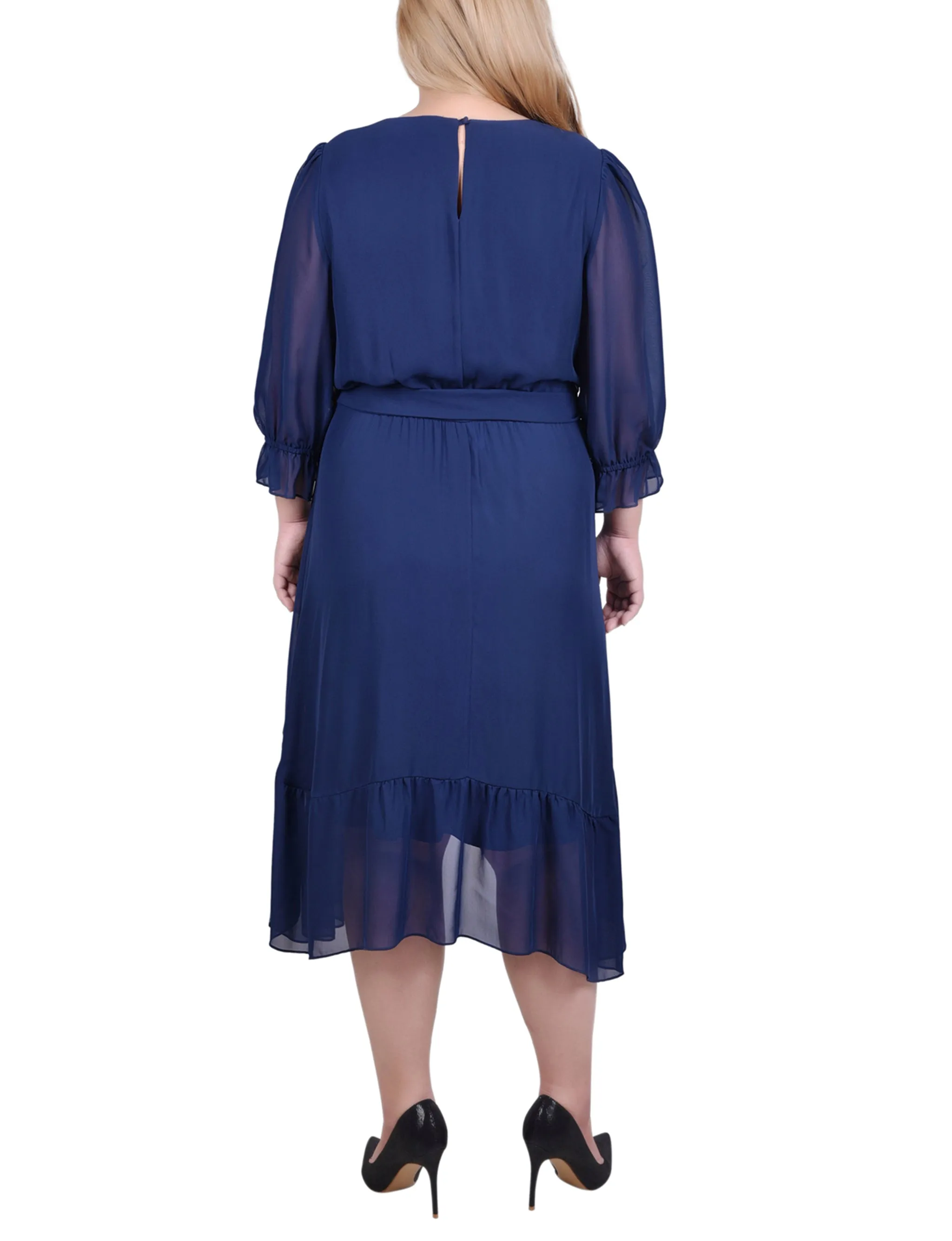 Plus Size 3/4 Sleeve V-Neck Flounced Dress