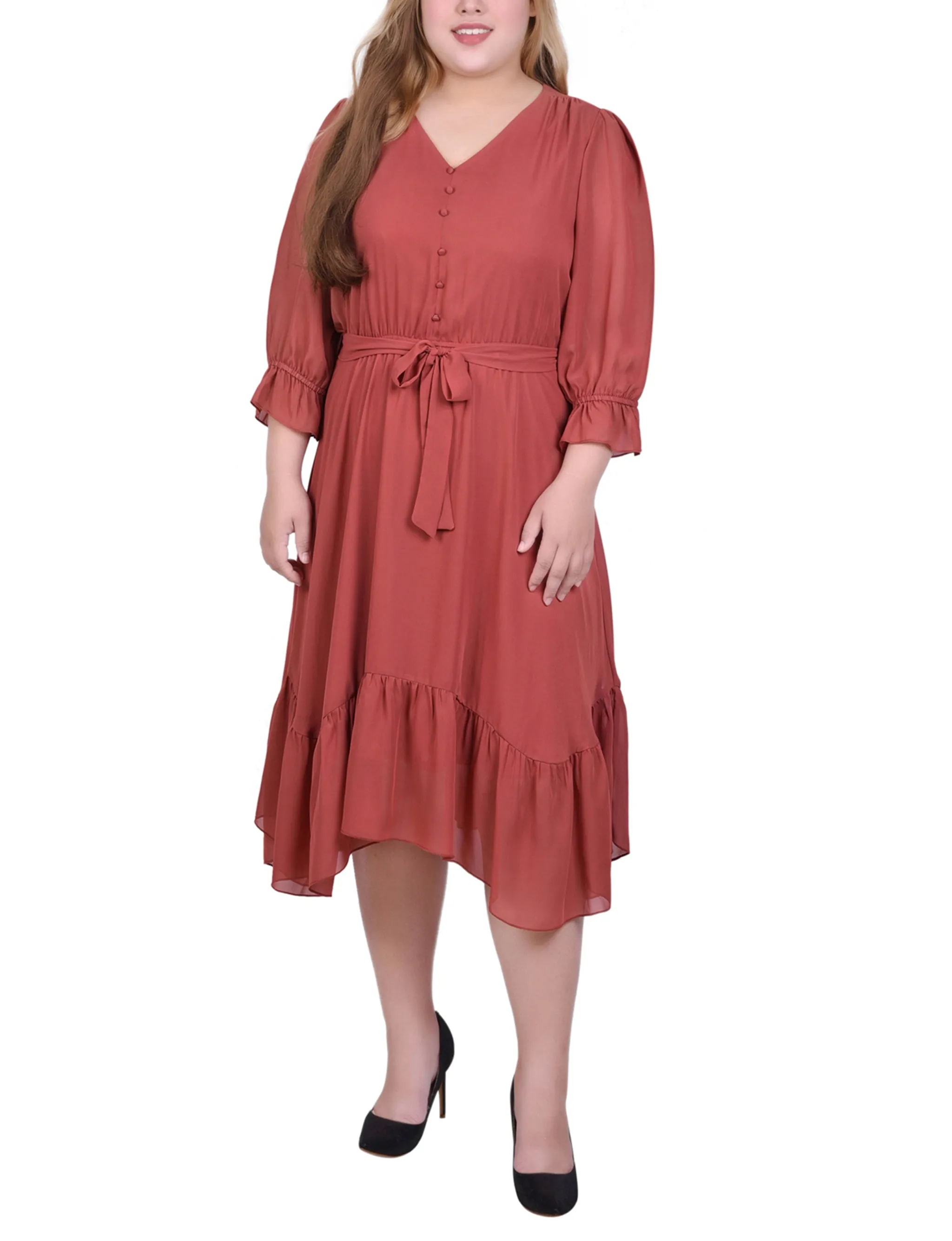 Plus Size 3/4 Sleeve V-Neck Flounced Dress