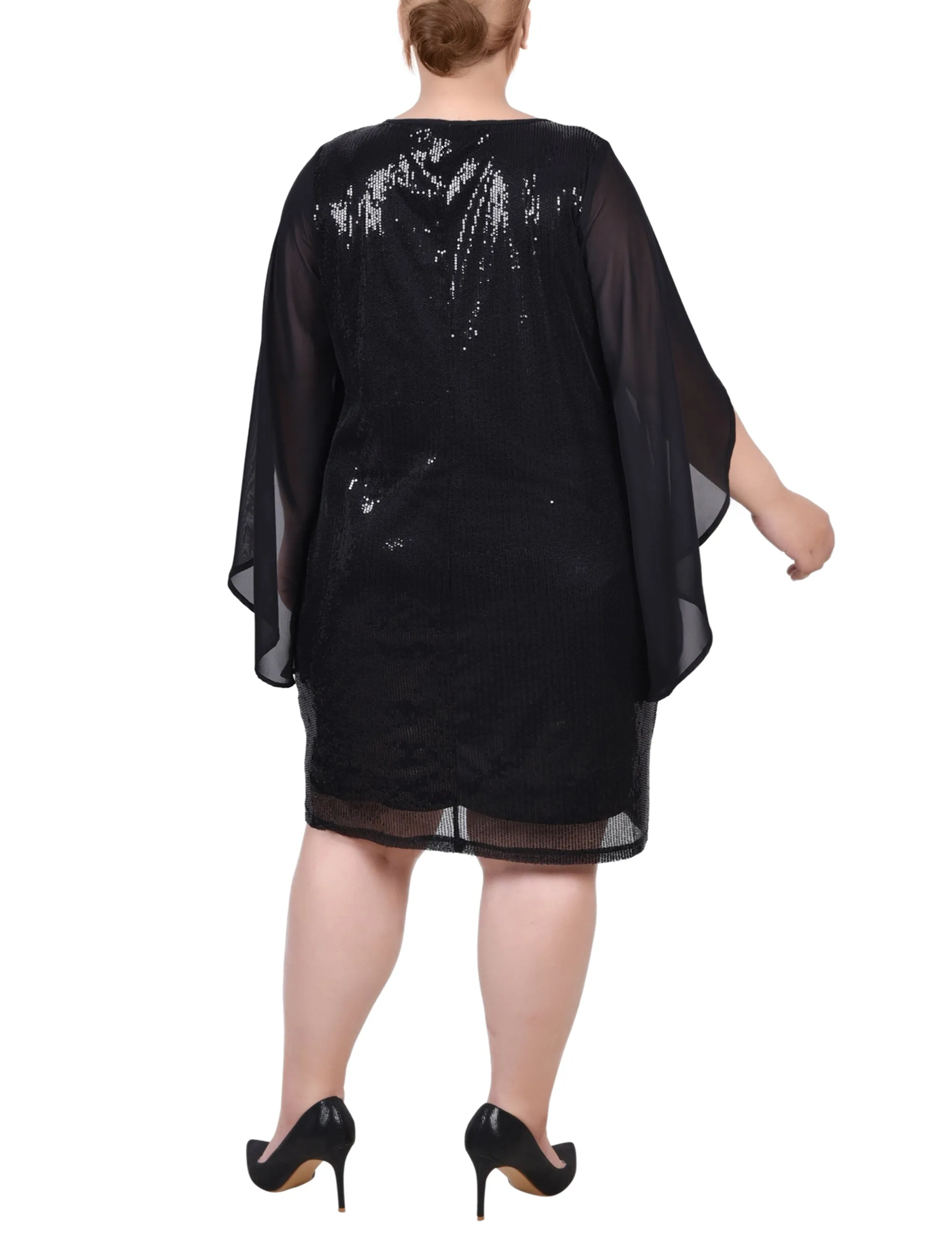 Plus Size Long Open Flutter Sleeve Sequined Dress