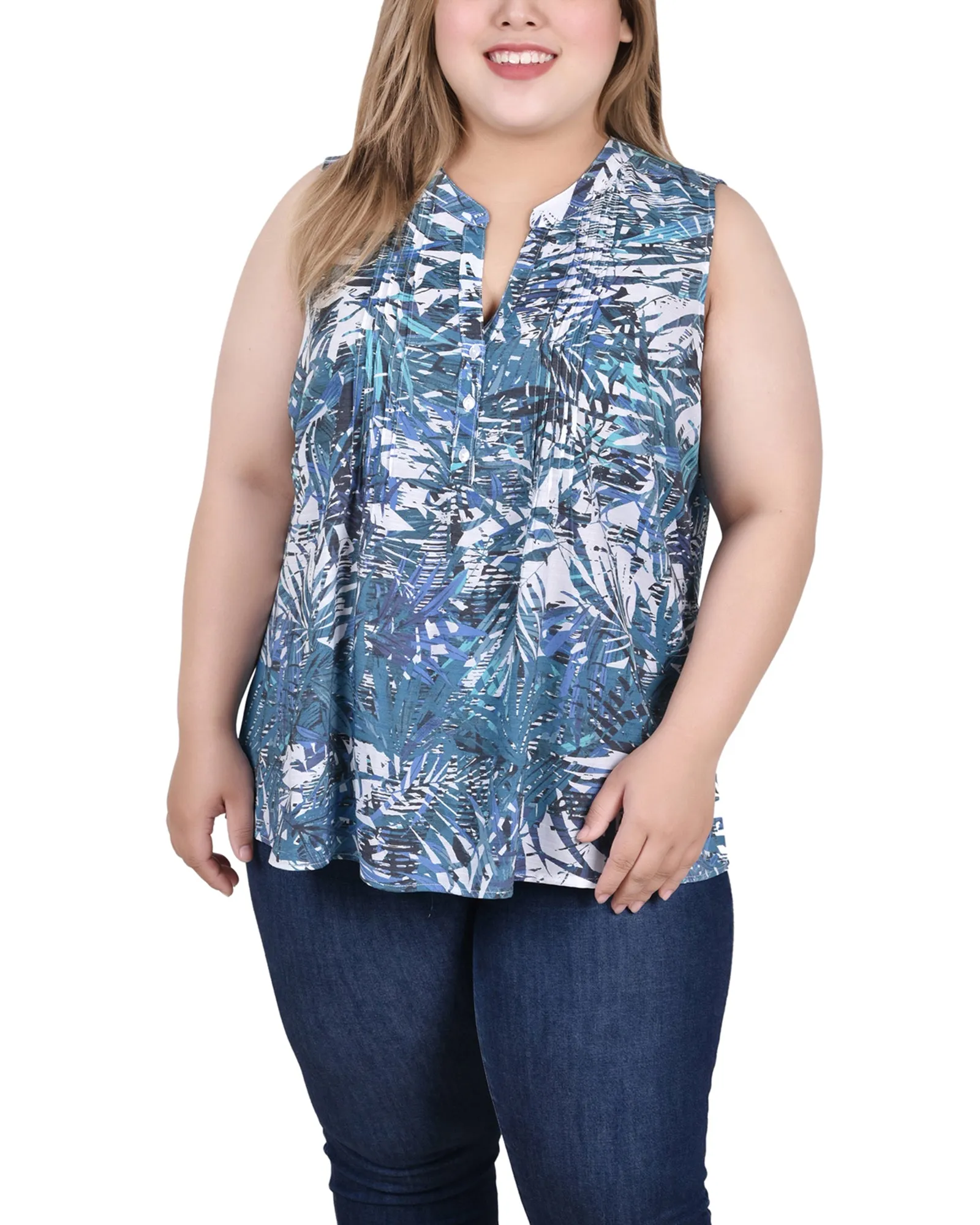 Plus Size Sleeveless Pintucked Blouse