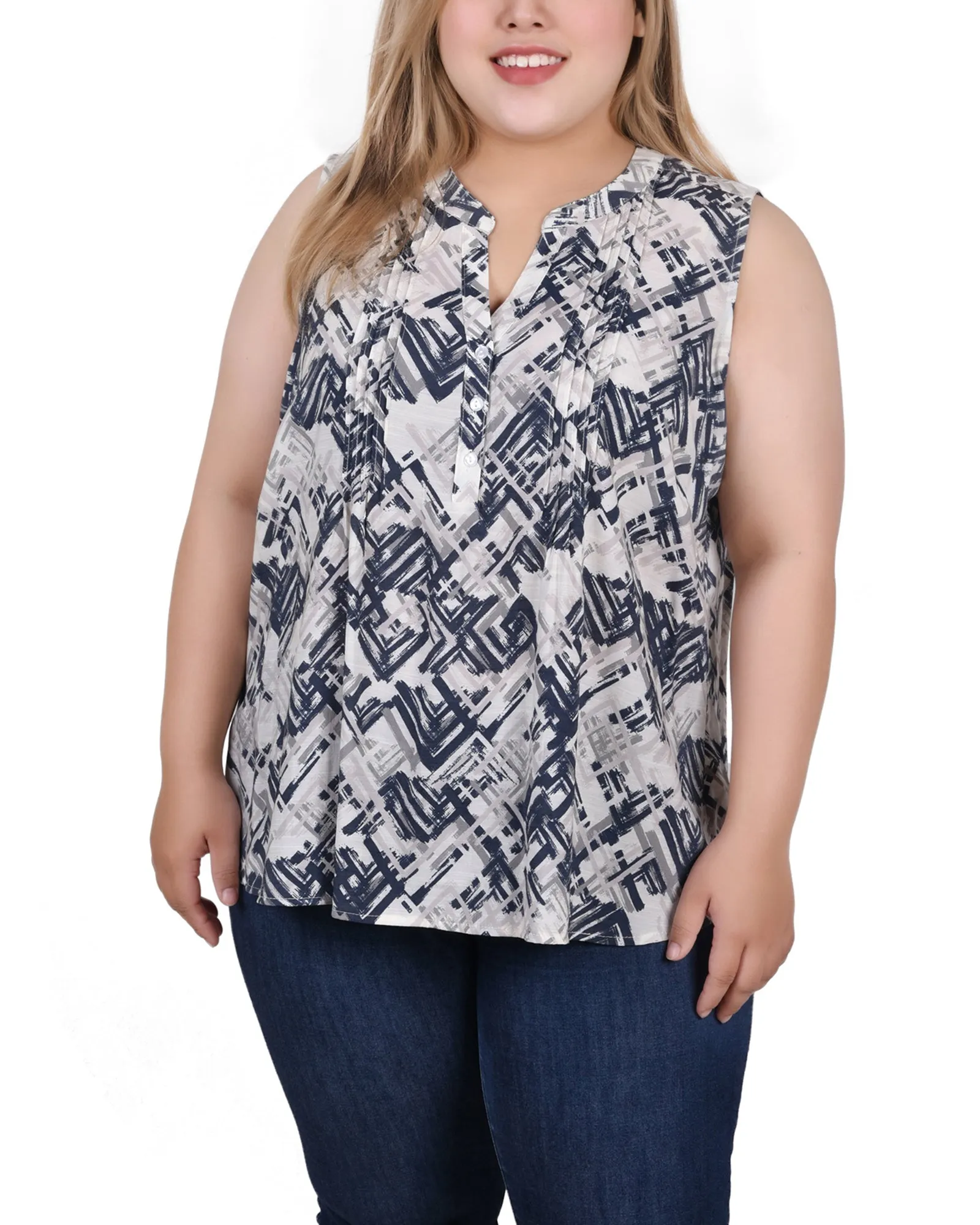 Plus Size Sleeveless Pintucked Blouse