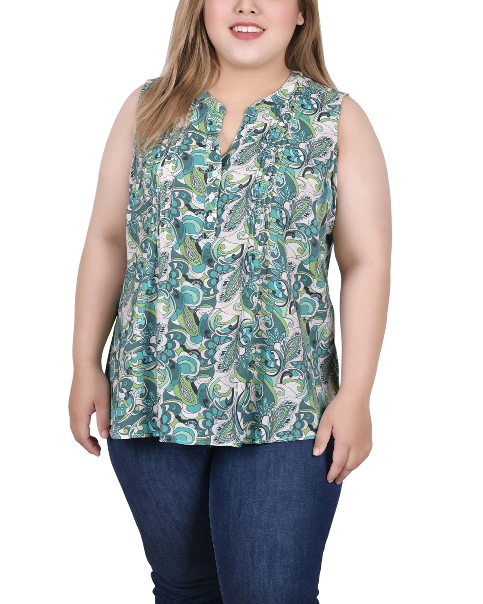 Plus Size Sleeveless Pintucked Blouse