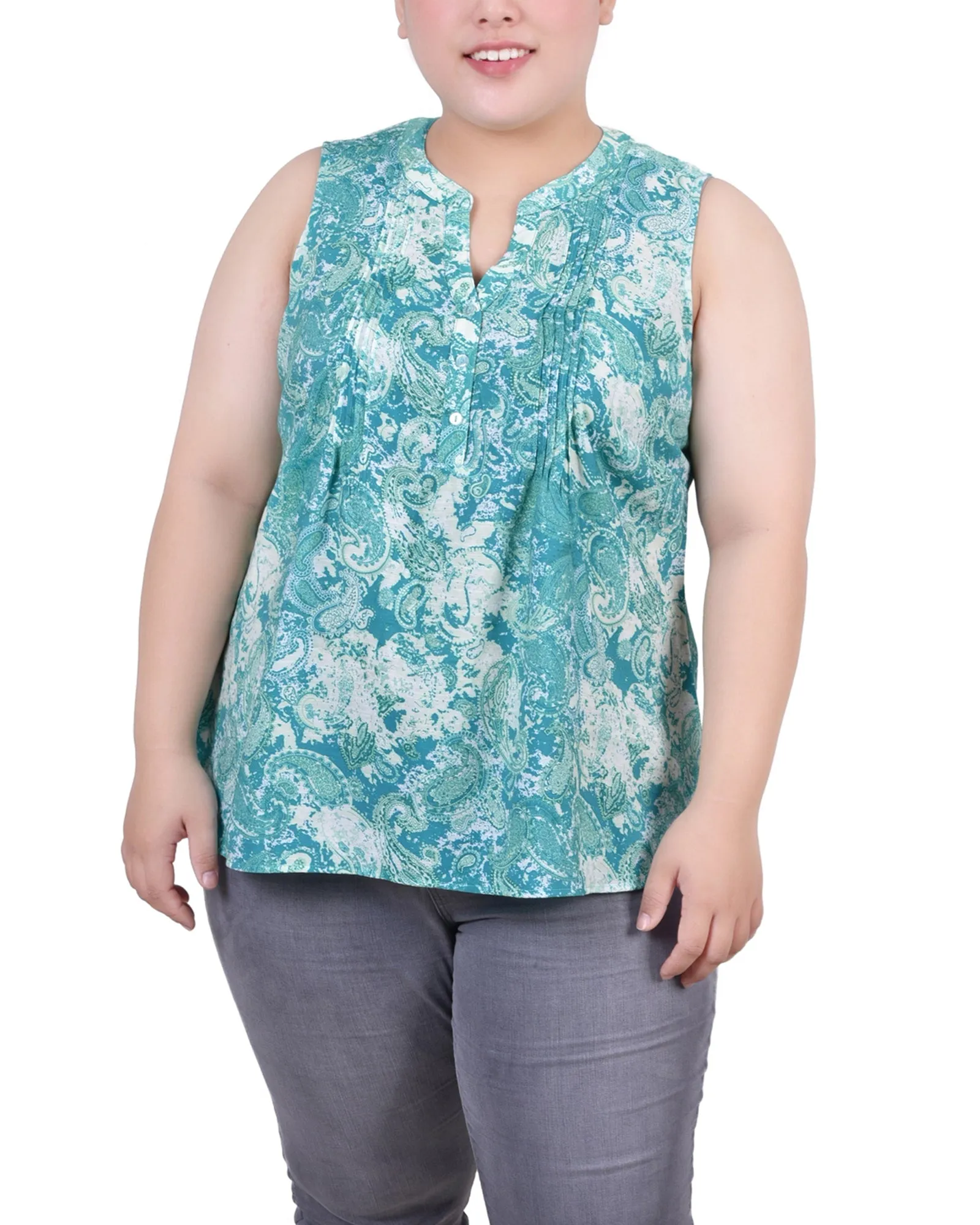 Plus Size Sleeveless Pintucked Blouse