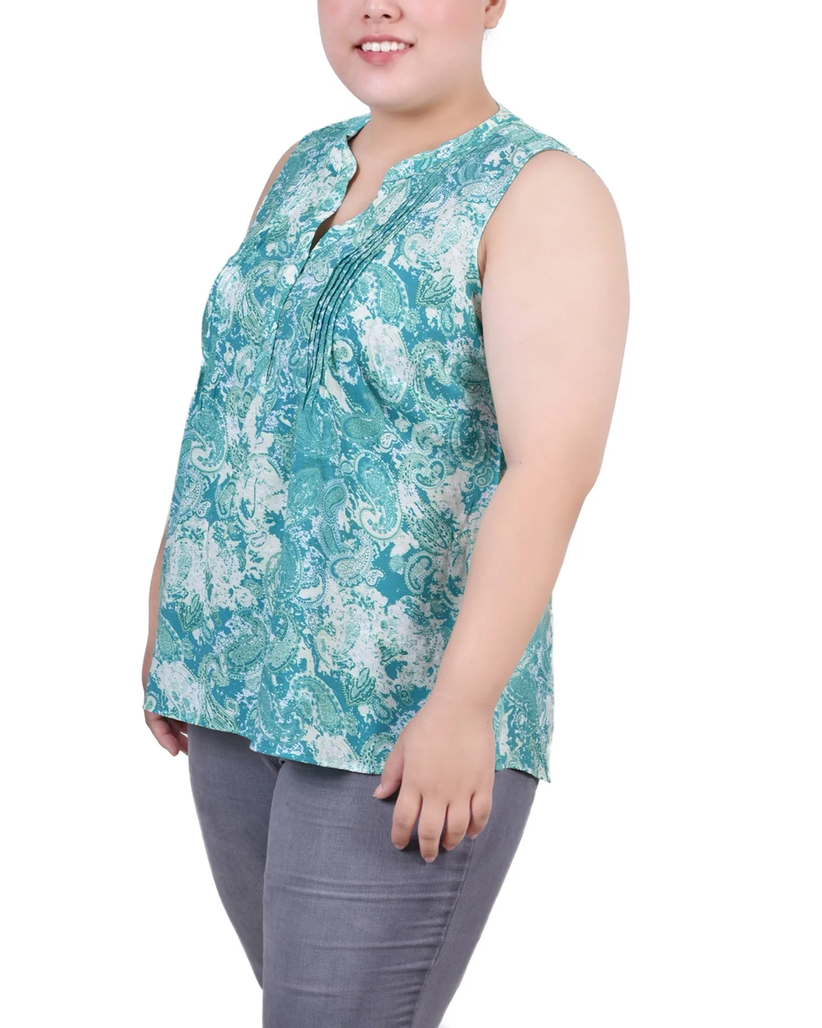 Plus Size Sleeveless Pintucked Blouse