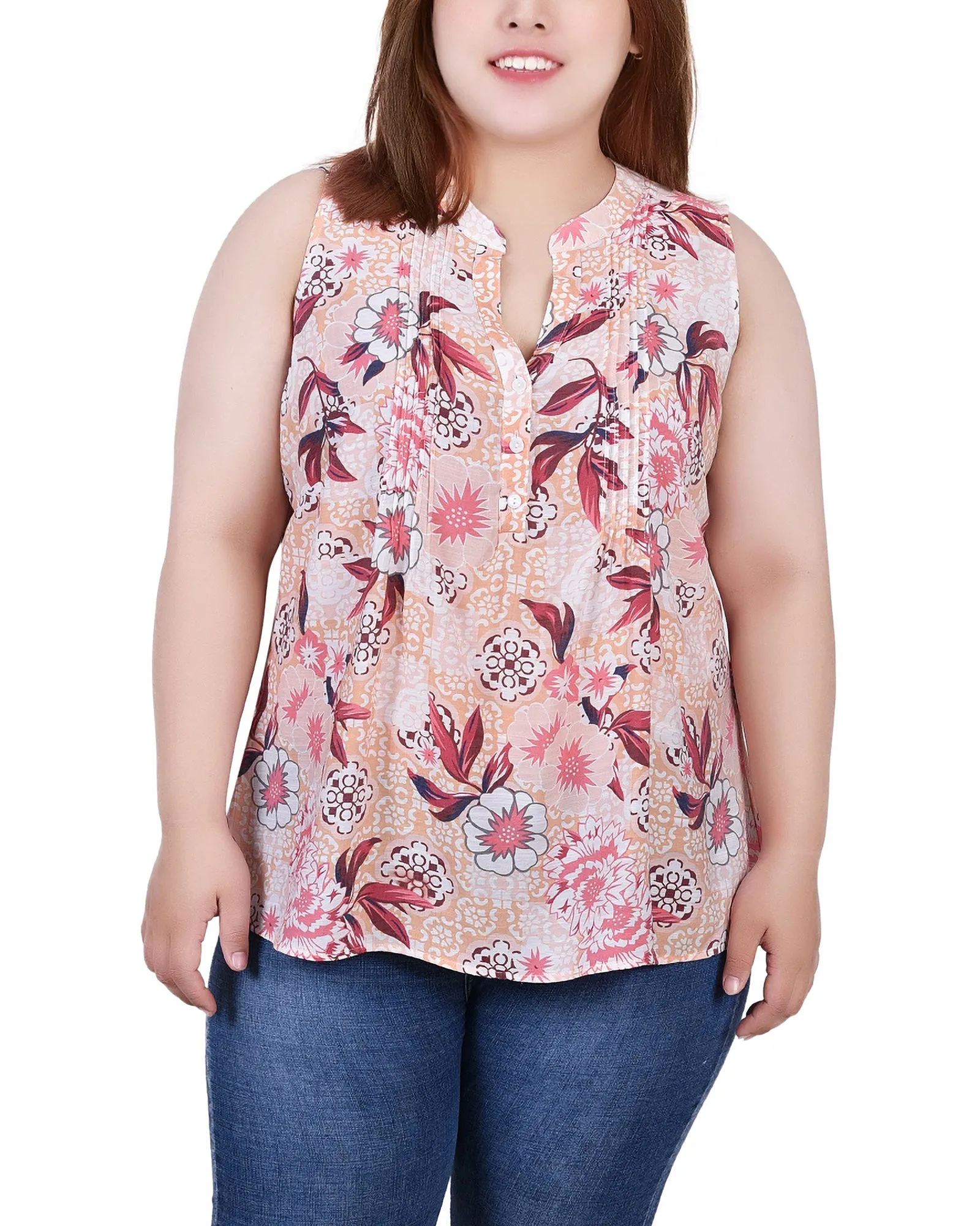 Plus Size Sleeveless Pintucked Blouse