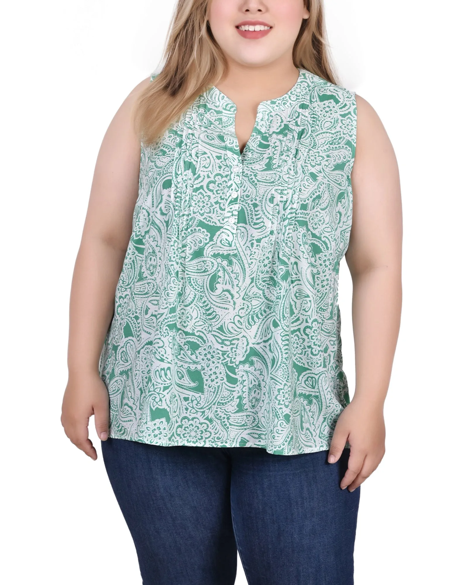 Plus Size Sleeveless Pintucked Blouse