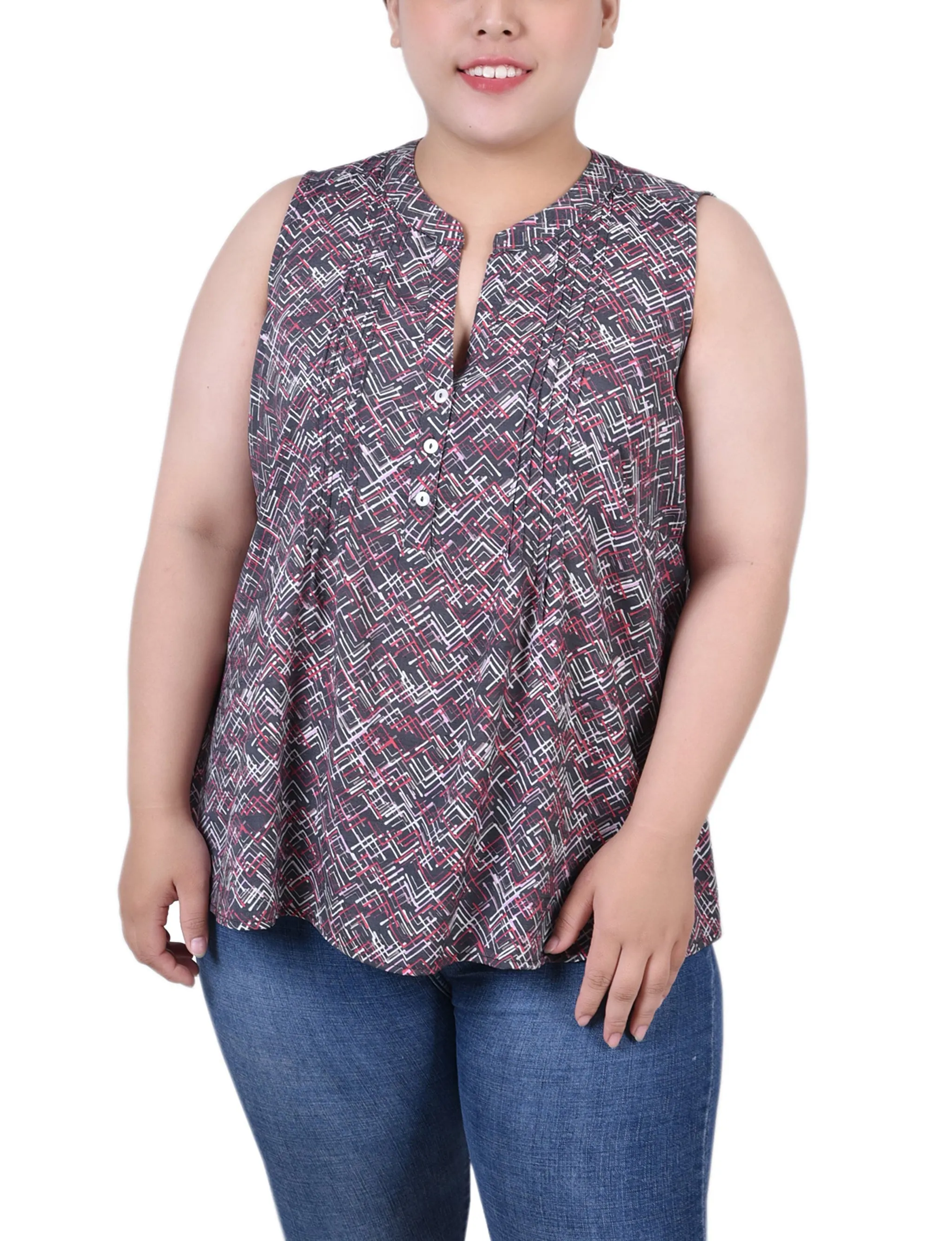 Plus Size Sleeveless Pintucked Blouse