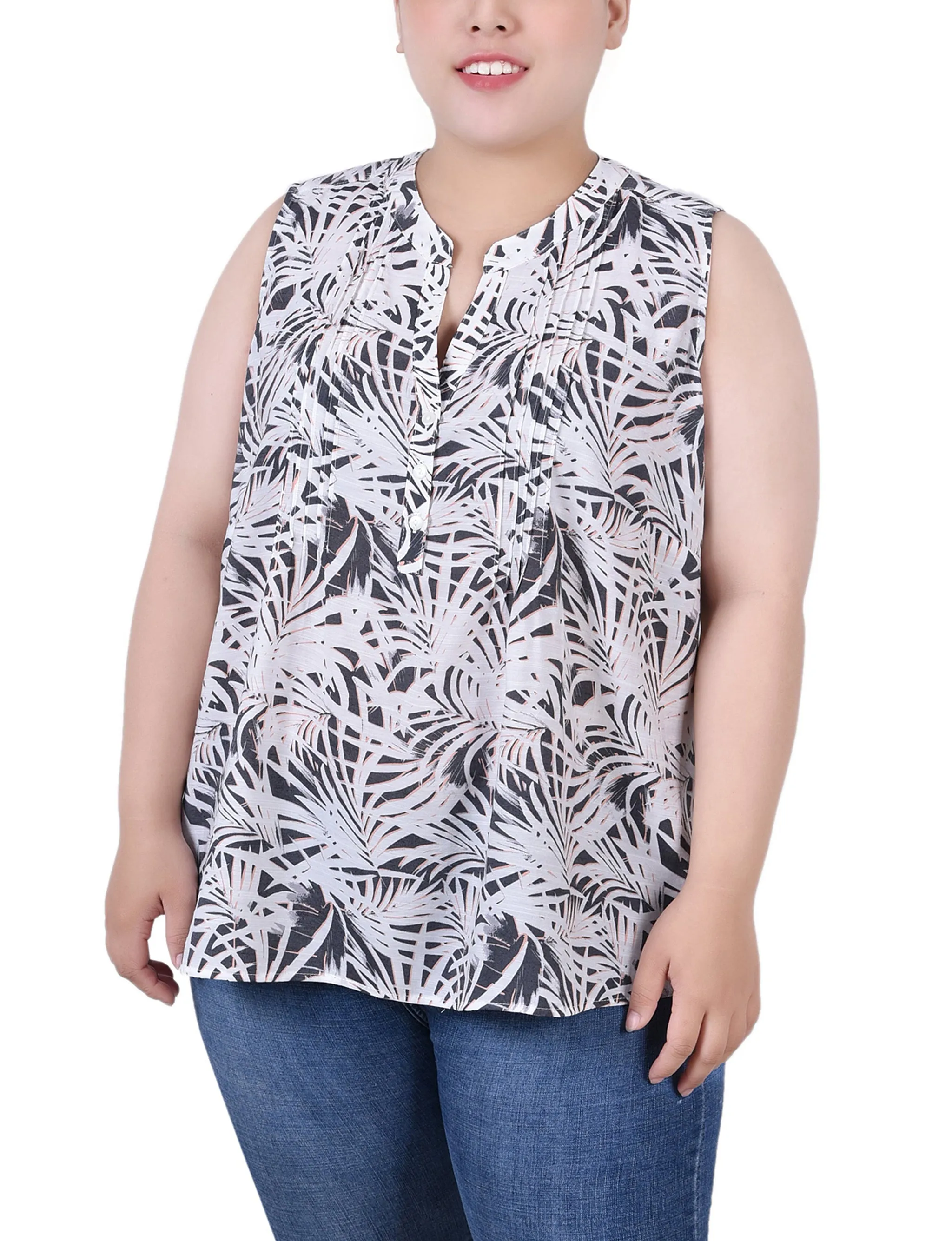 Plus Size Sleeveless Pintucked Blouse