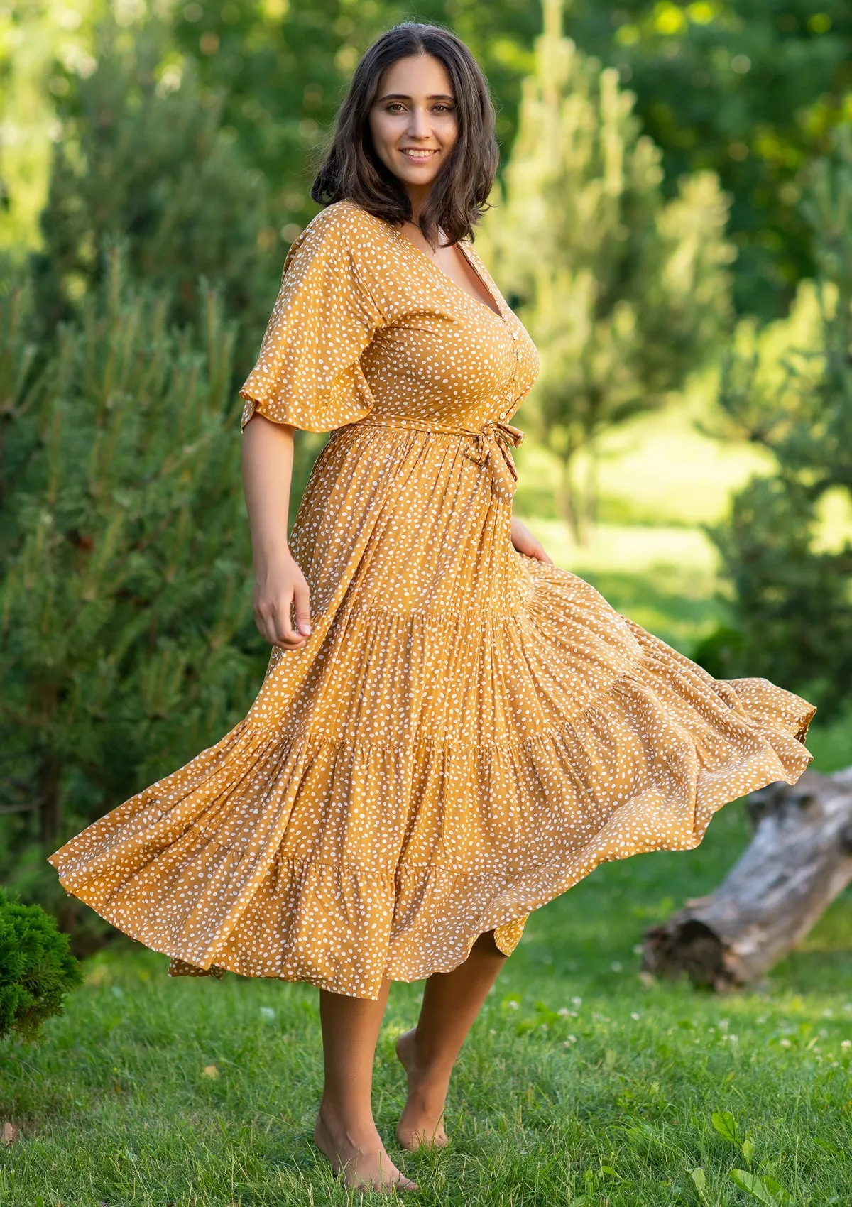 Polka Mustard Midi Plus Dress