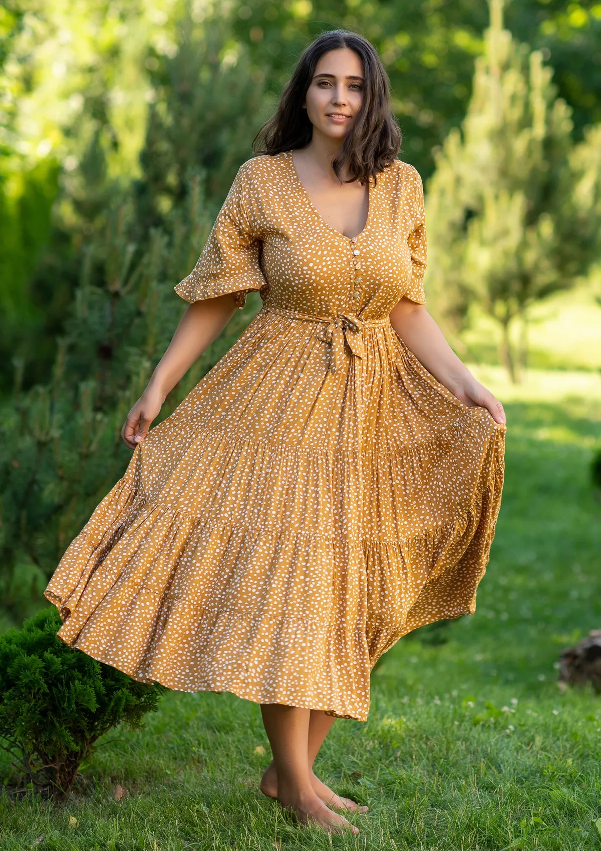 Polka Mustard Midi Plus Dress