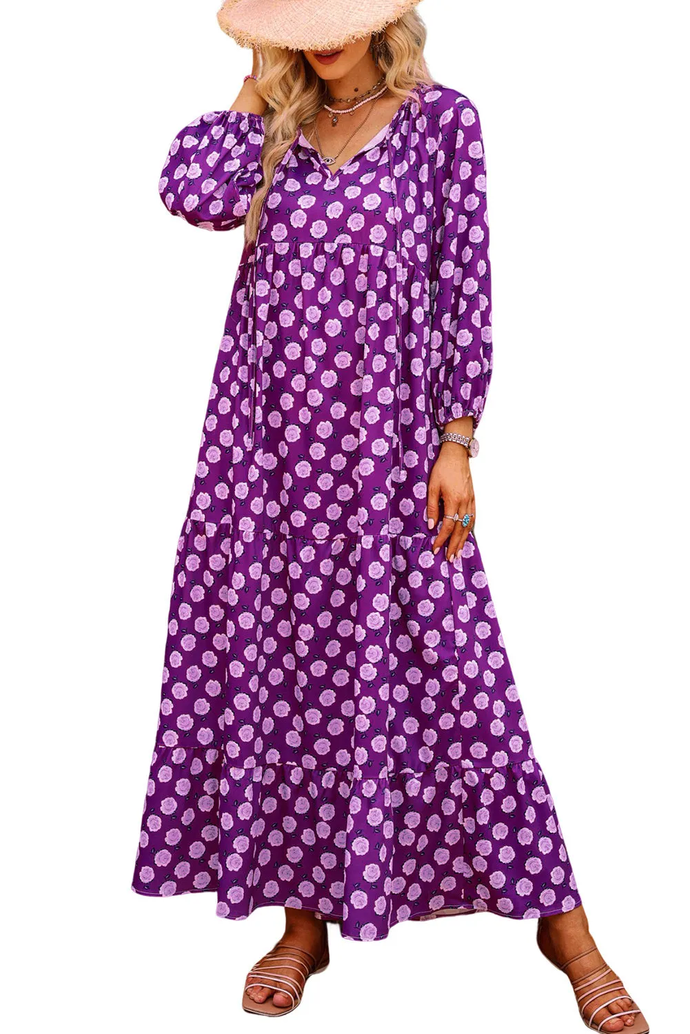 Purple Boho Printed V Neck Puff Sleeve Maxi Dress