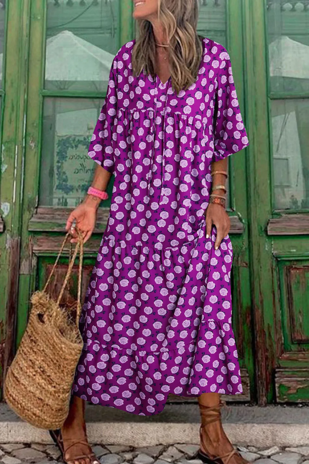 Purple Boho Printed V Neck Puff Sleeve Maxi Dress