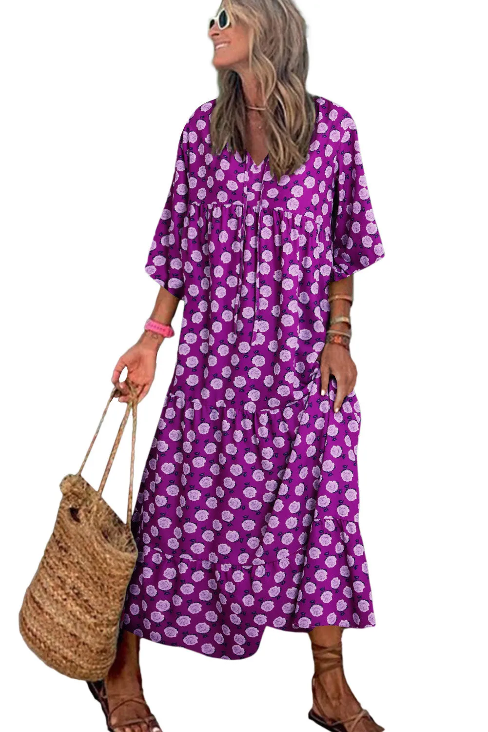 Purple Boho Printed V Neck Puff Sleeve Maxi Dress