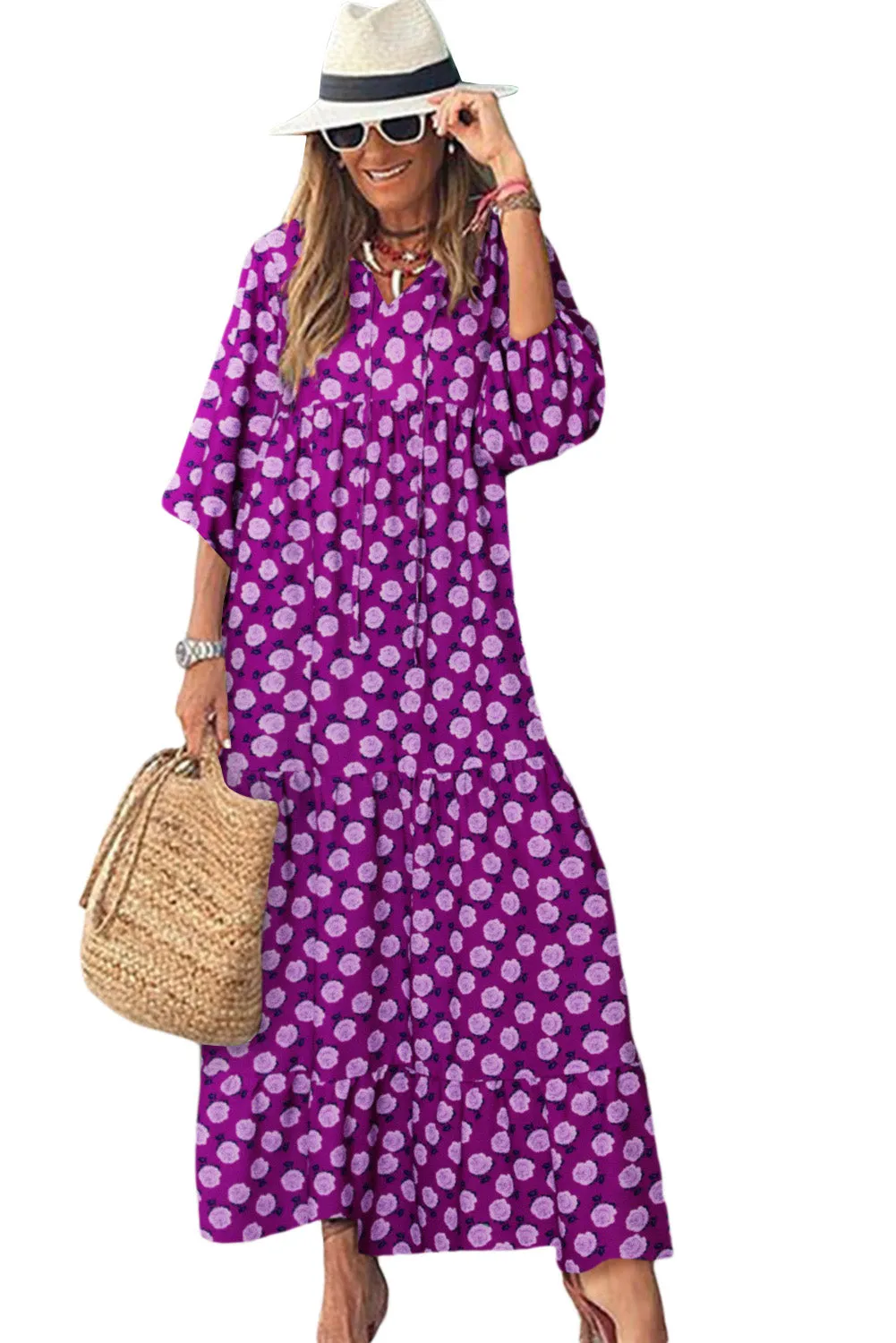 Purple Boho Printed V Neck Puff Sleeve Maxi Dress