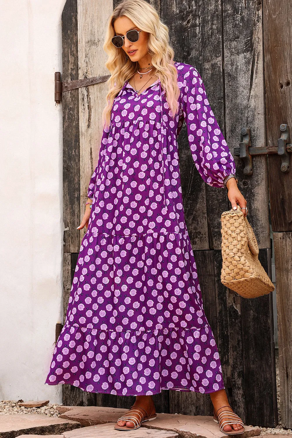 Purple Boho Printed V Neck Puff Sleeve Maxi Dress