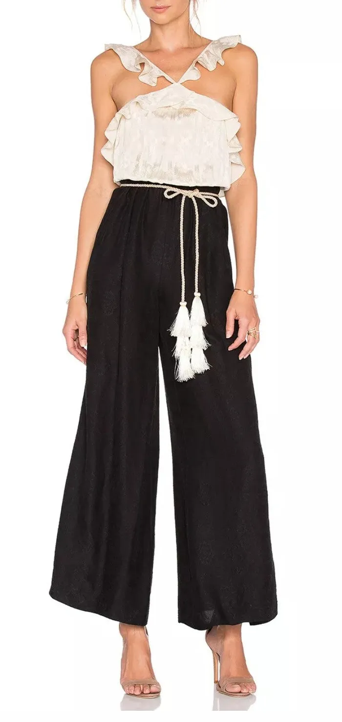 Rachel Zoe Ivory & Black Silk Halter Top Jumpsuit SZ 6