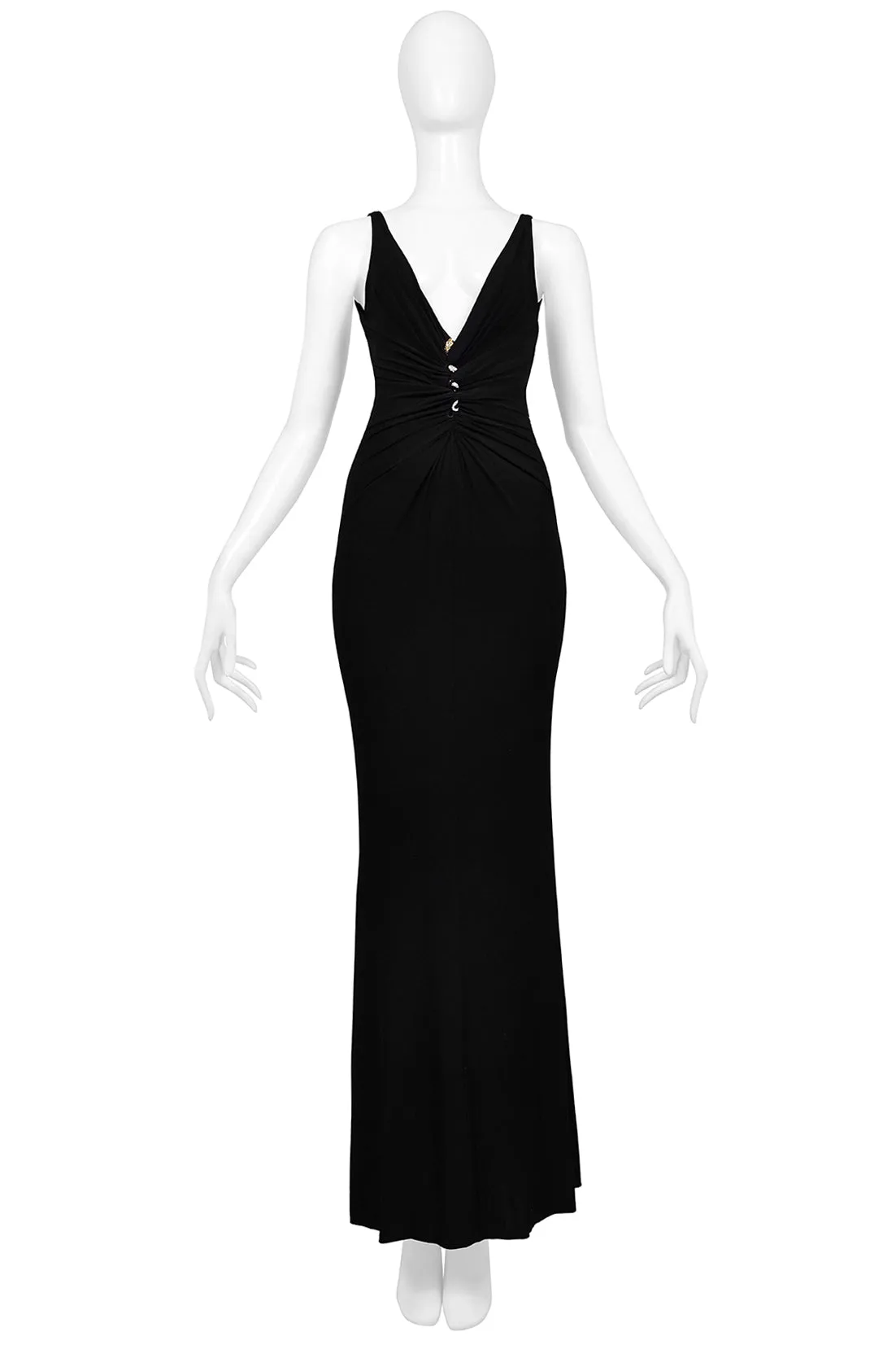 ROBERTO CAVALLI BLACK JERSEY EVENING GOWN WITH GOLD SNAKE HARDWARE