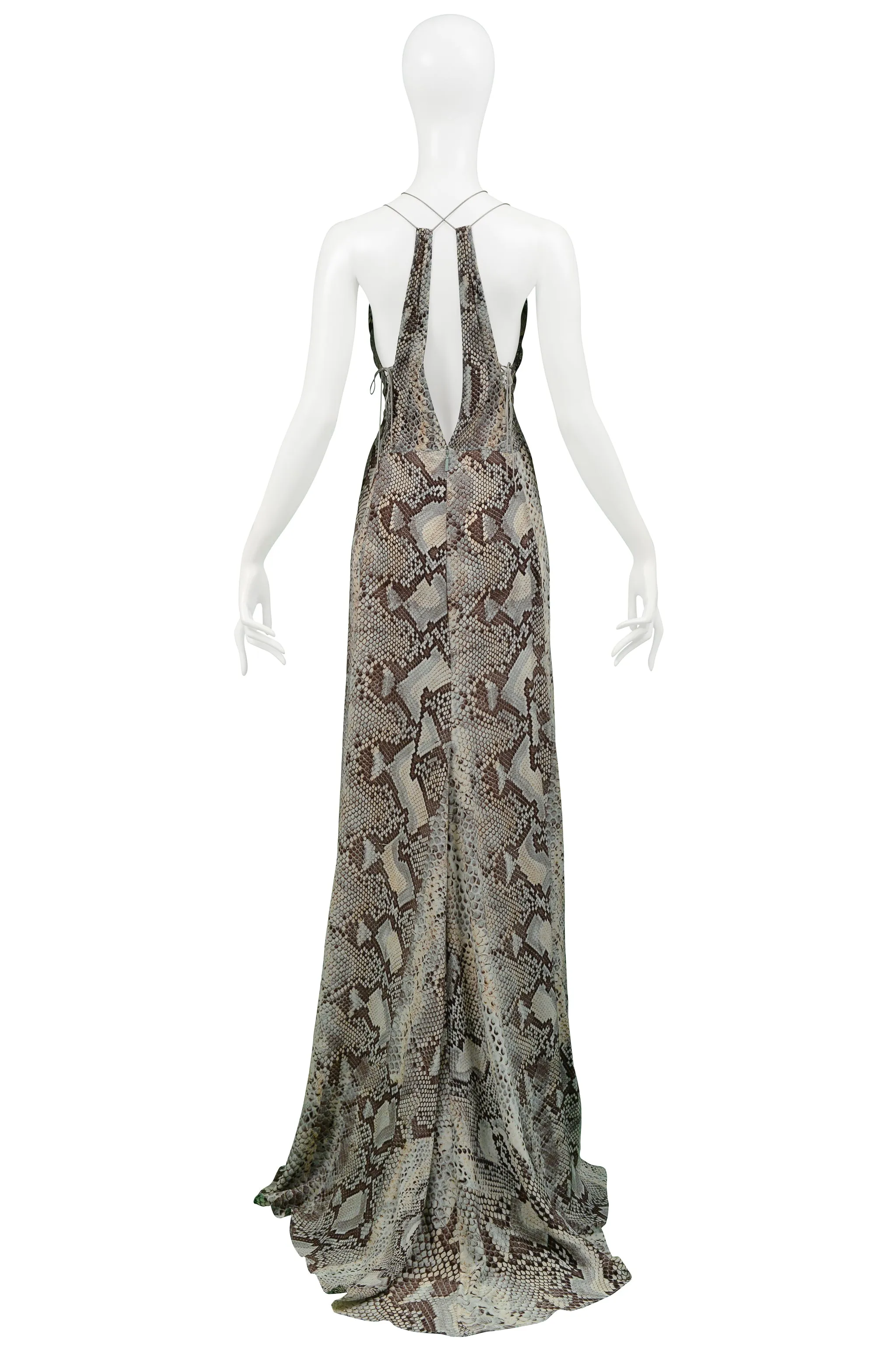 ROBERTO CAVALLI BLUE & GREY SNAKE PRINT EVENING GOWN WITH SILVER HARDWARE 2011